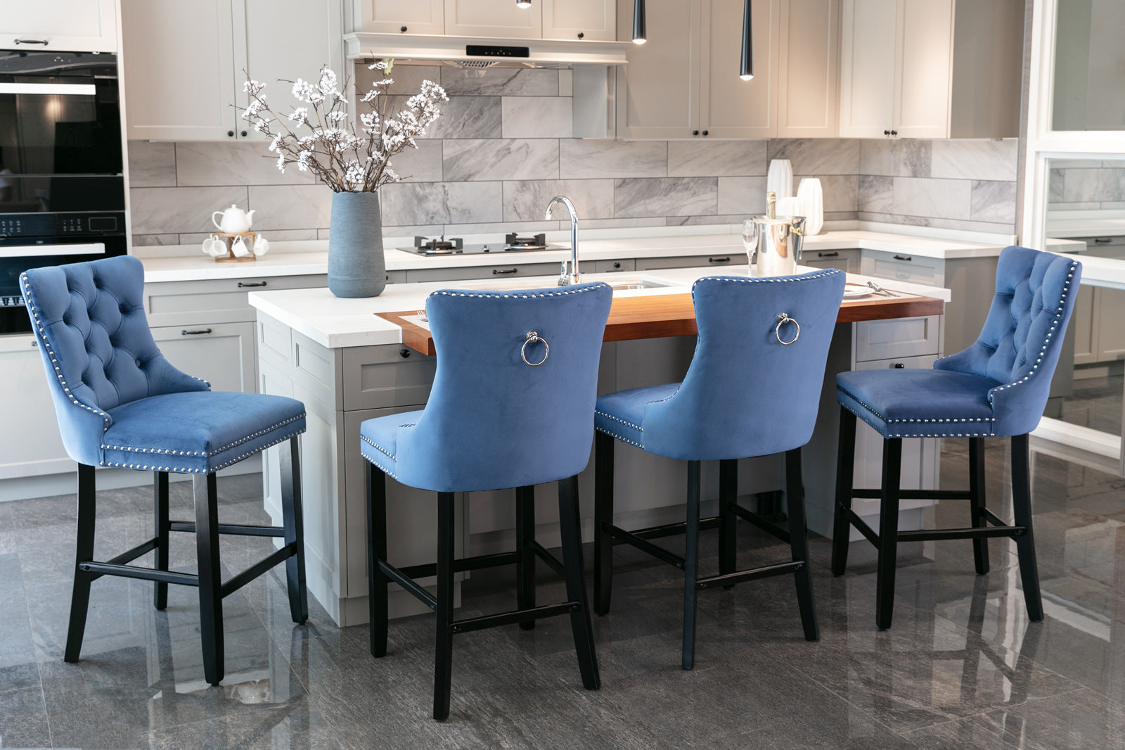 Contemporary Velvet Upholstered Barstools with Button Tufted Decoration (Set of 2)