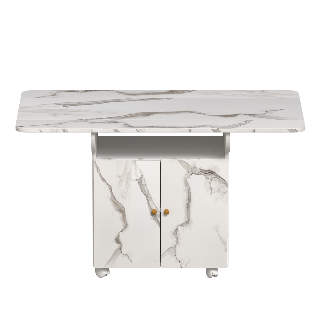 Versatile 47' White Marble MDF Folding Dining Table with Storage Rack and Cabinet