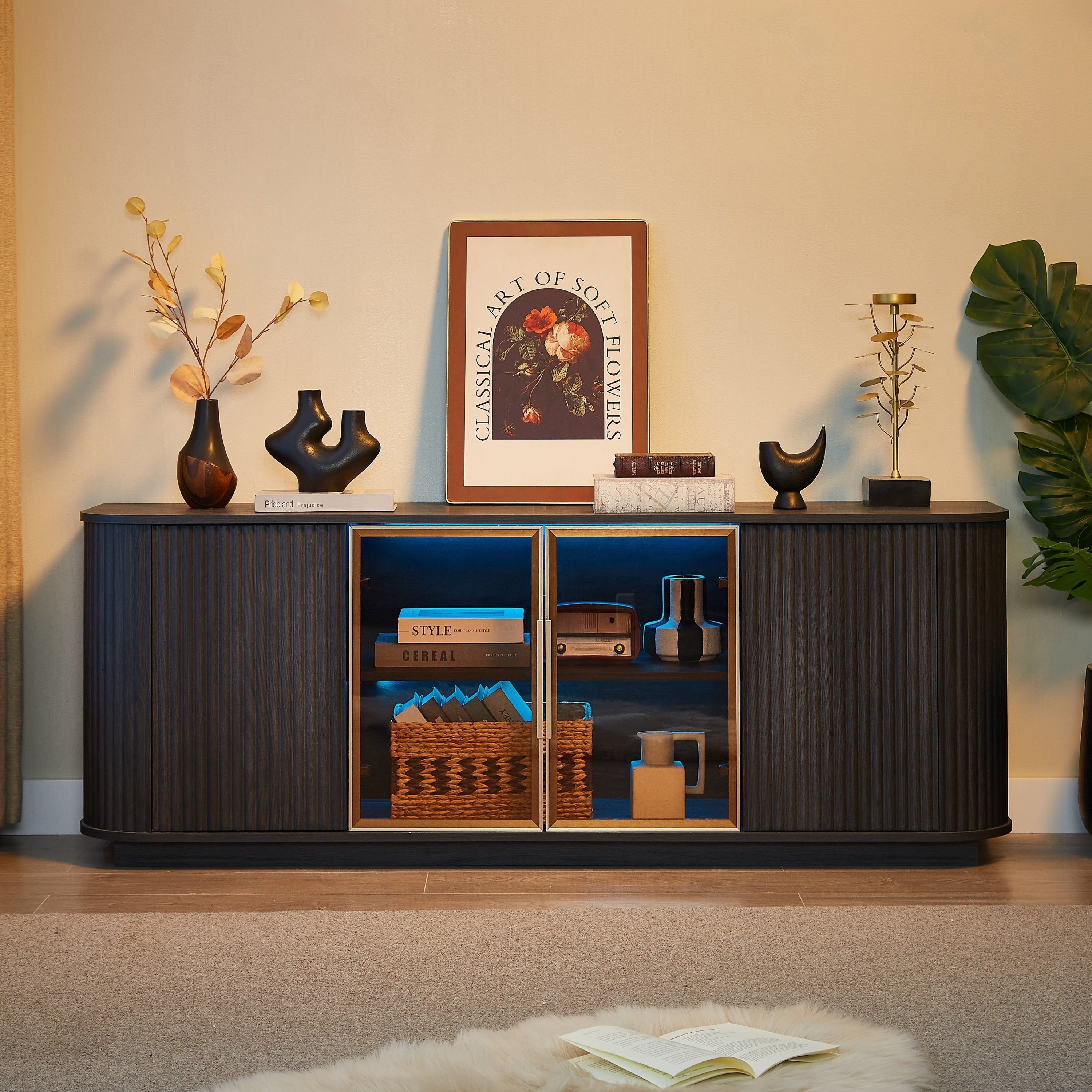 Modern 64-Inch Wavy TV Cabinet with LED Lights