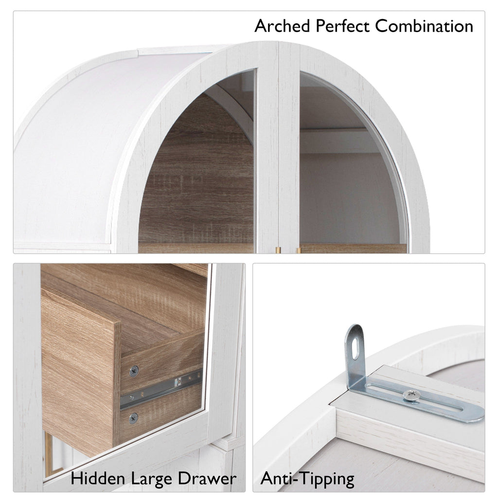71" Tall Arched Farmhouse Kitchen Pantry Cabinet with Door Shelves