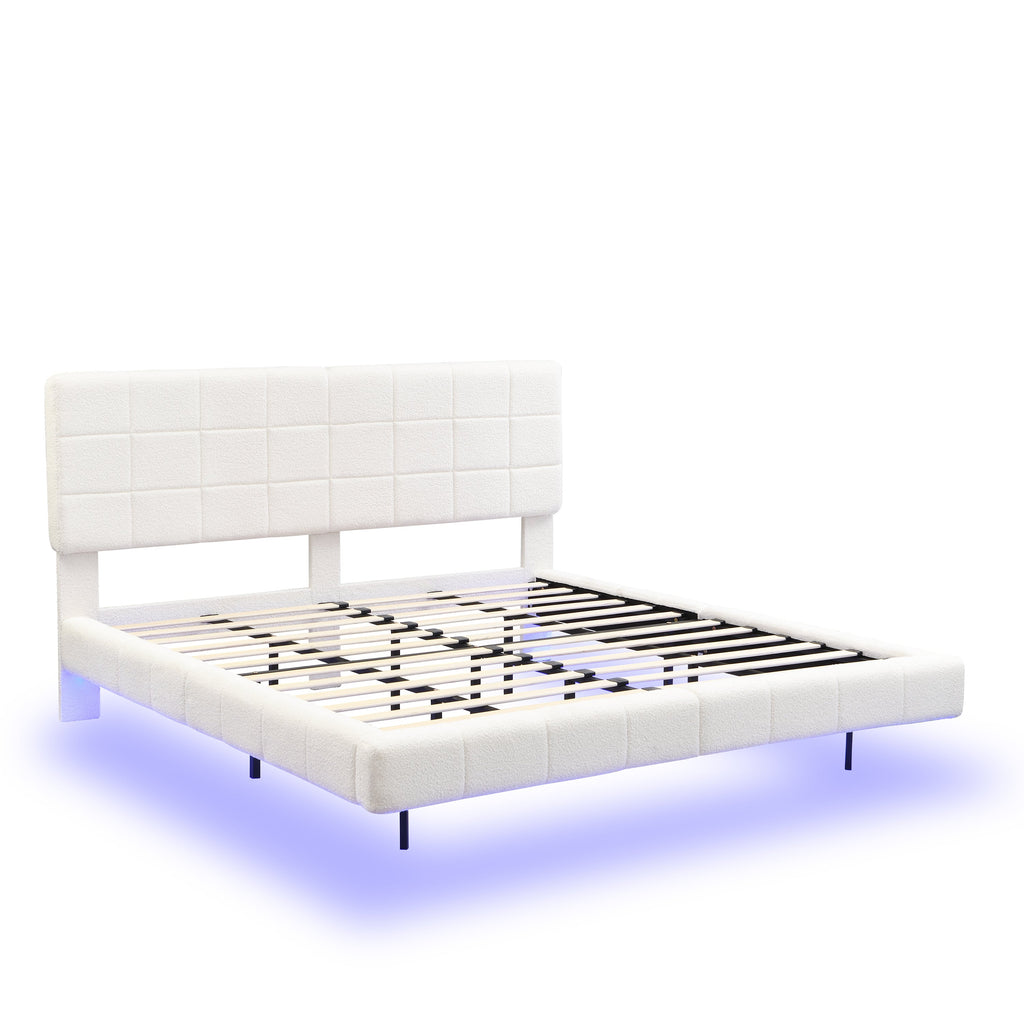 White  Boucle Floating Bed with Light