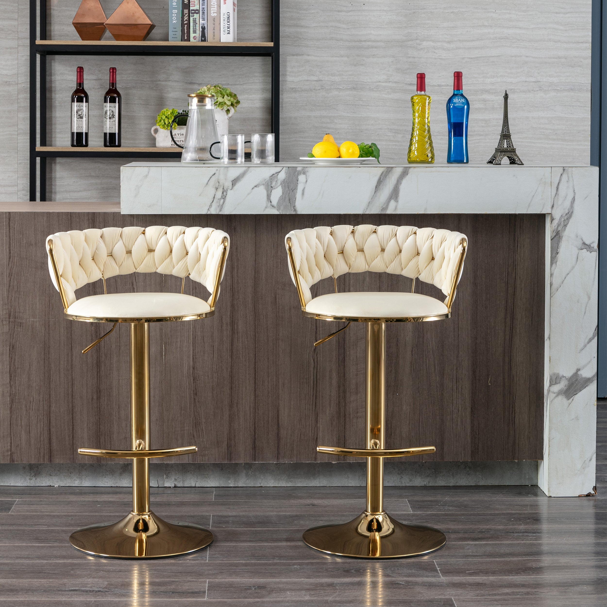 Swivel Height Adjustable Velvet Bar Stools with Golden Leg (Set of 2 )