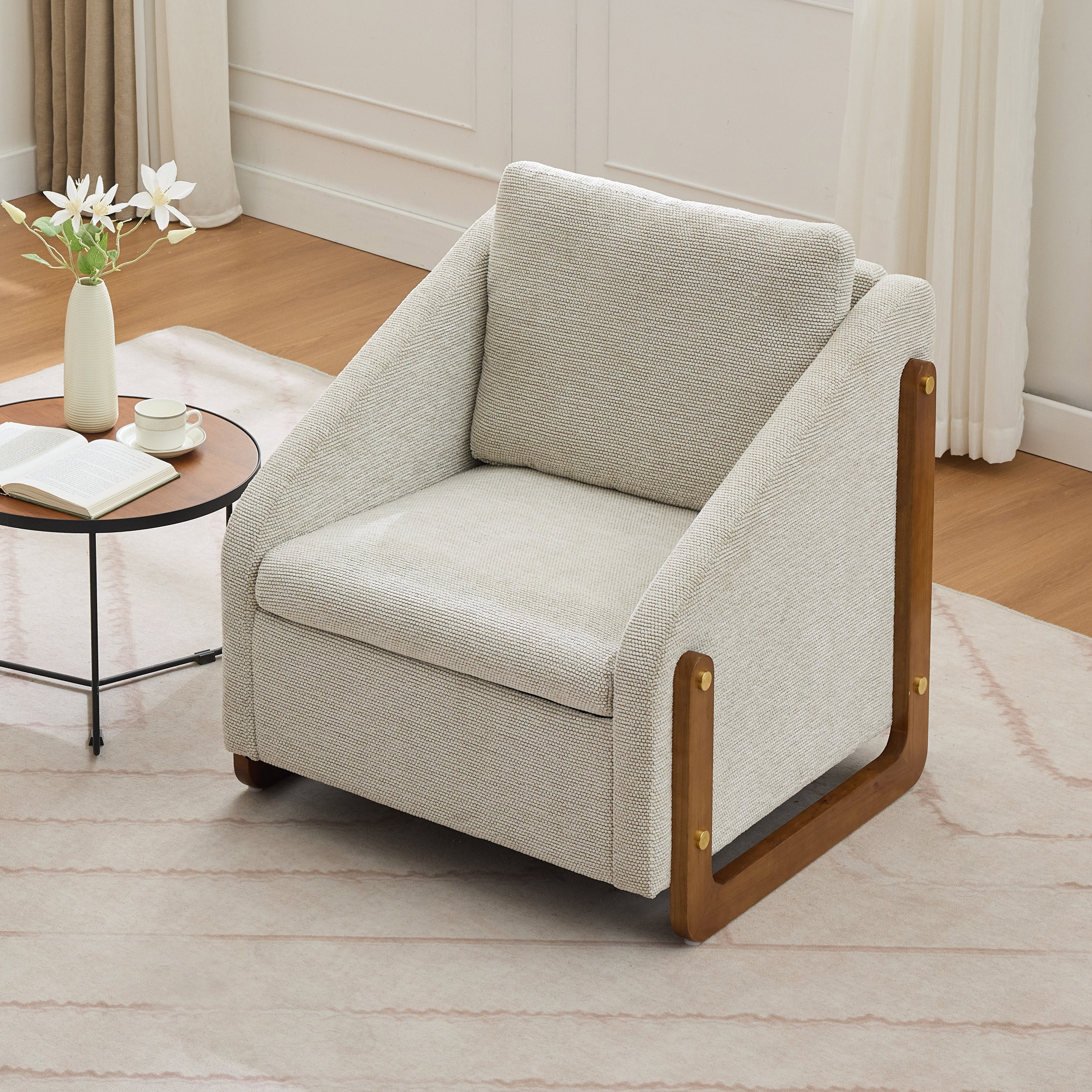 Modern Upholstered Armchair with Wooden Side Frame