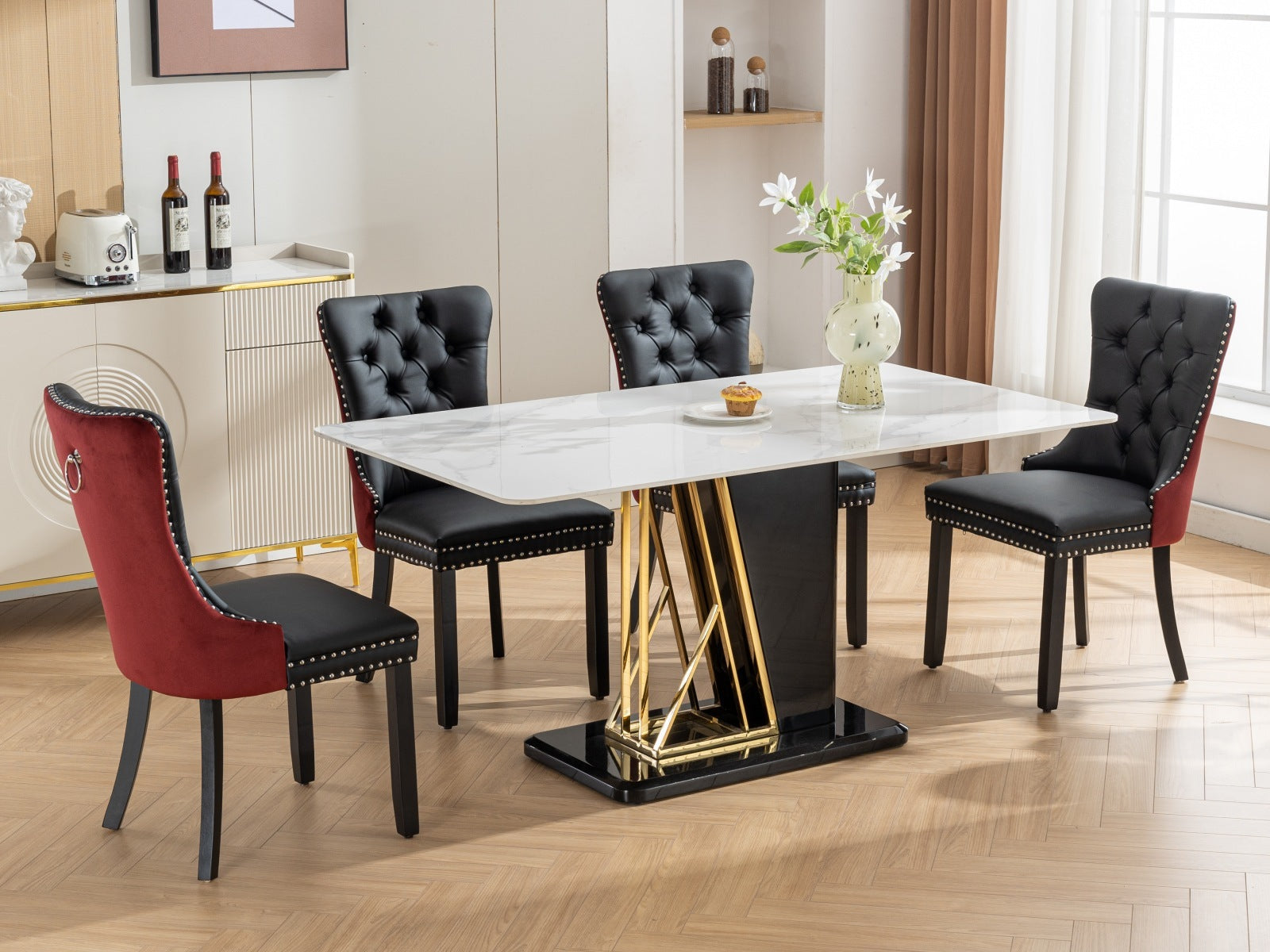 Tufted Solid Wood PU Upholstered Dining Chair with Wood Legs (Set of 2)