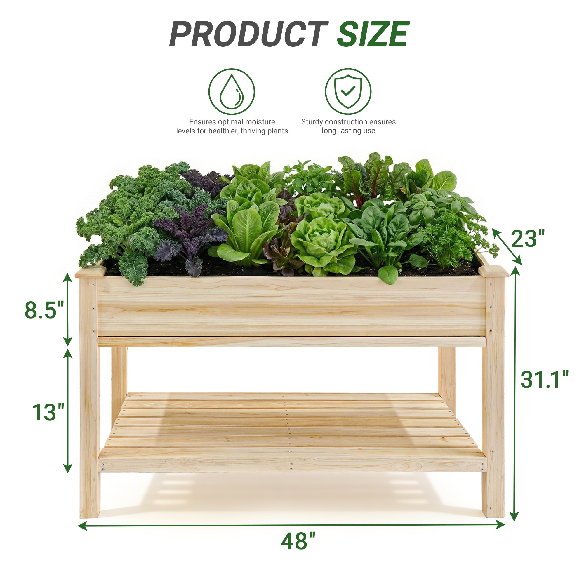 Outdoor Raised Garden Bed 48"x23"x31" with Water Tray, Storage Shelf & Protective Liner