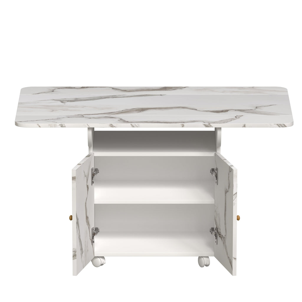 Versatile 47' White Marble MDF Folding Dining Table with Storage Rack and Cabinet