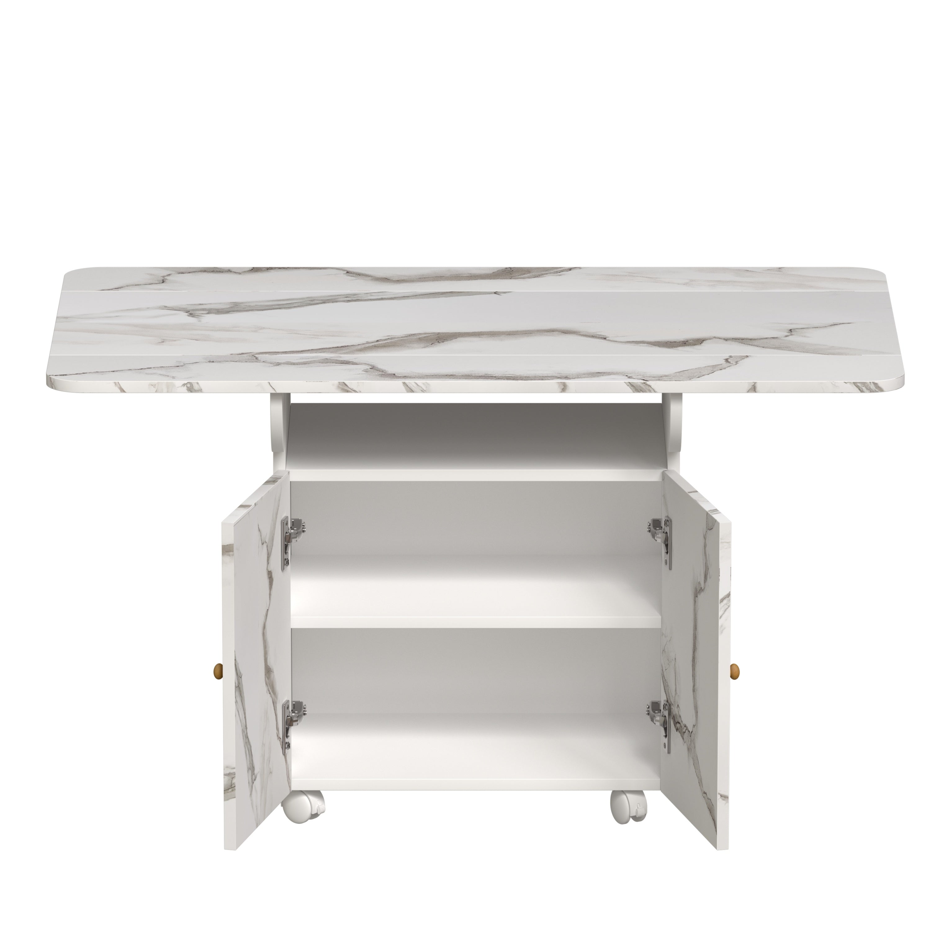 Versatile 47' White Marble MDF Folding Dining Table with Storage Rack and Cabinet