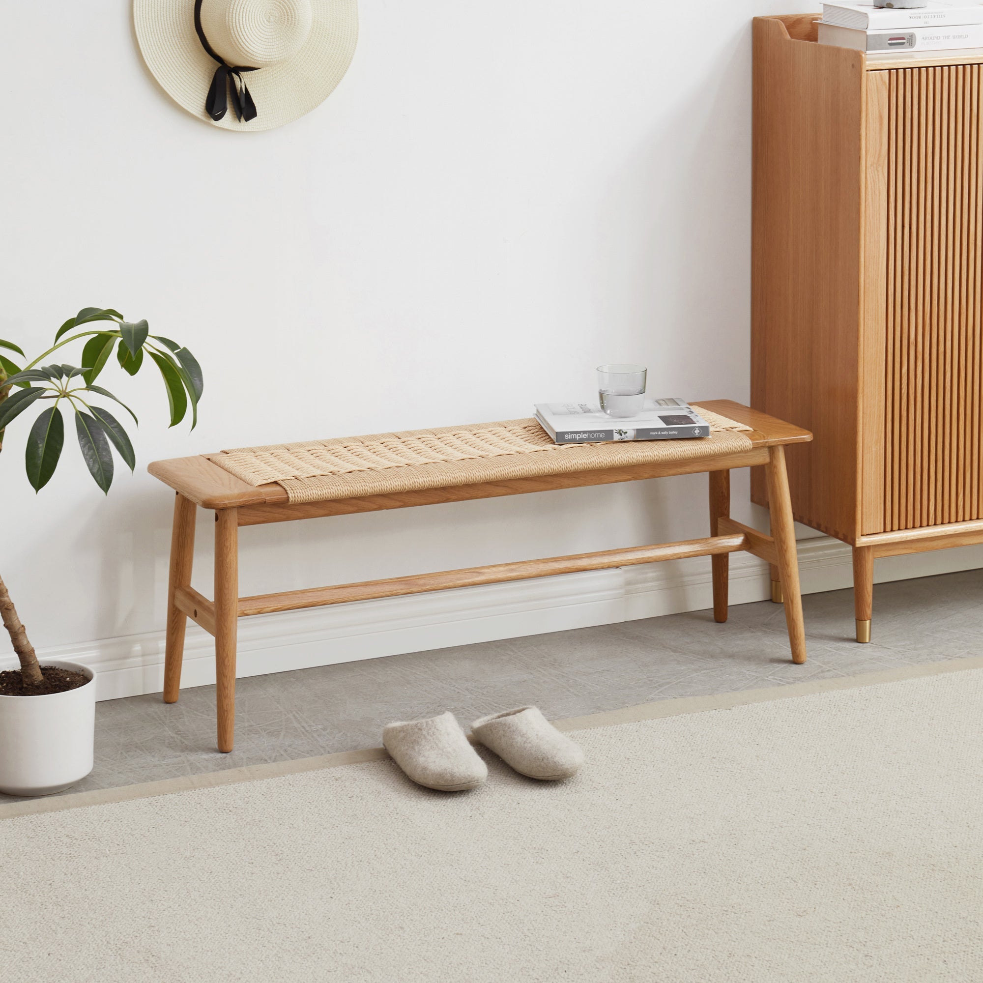 Woven Design Oak  Dining Bench with Handwoven Cane Seat