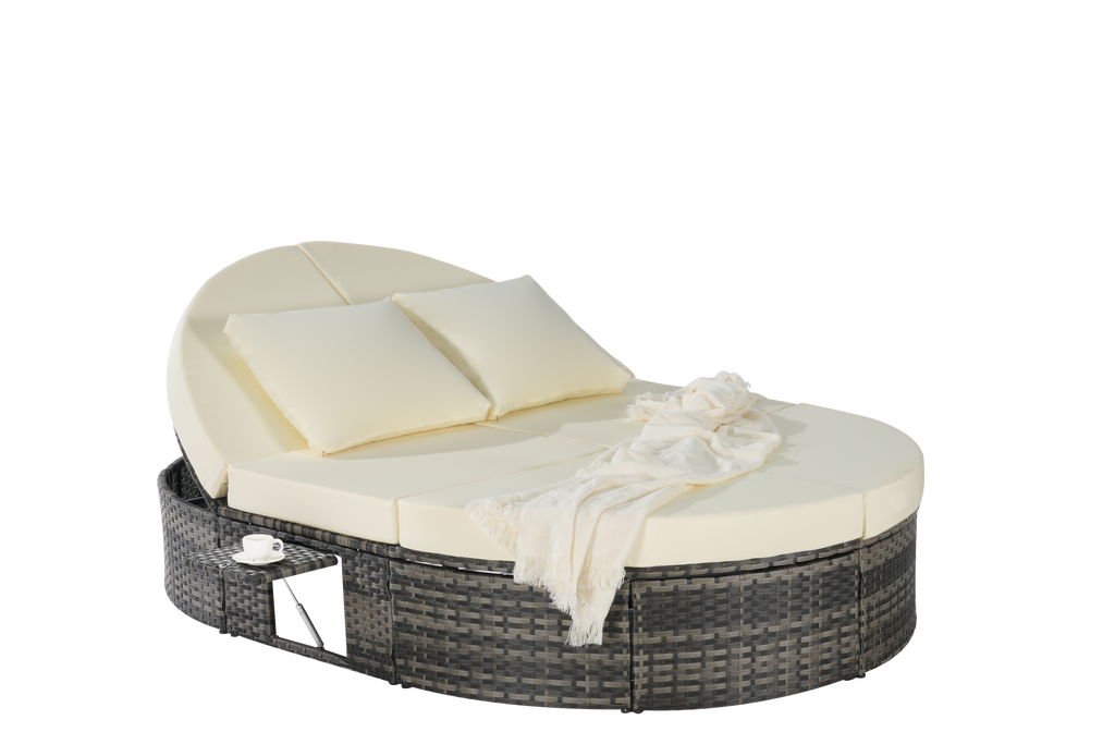 Round outdoor patio daybed with adjustable backrests foldable cup trays and cushioned wicker design ideal for backyard and poolside lounging