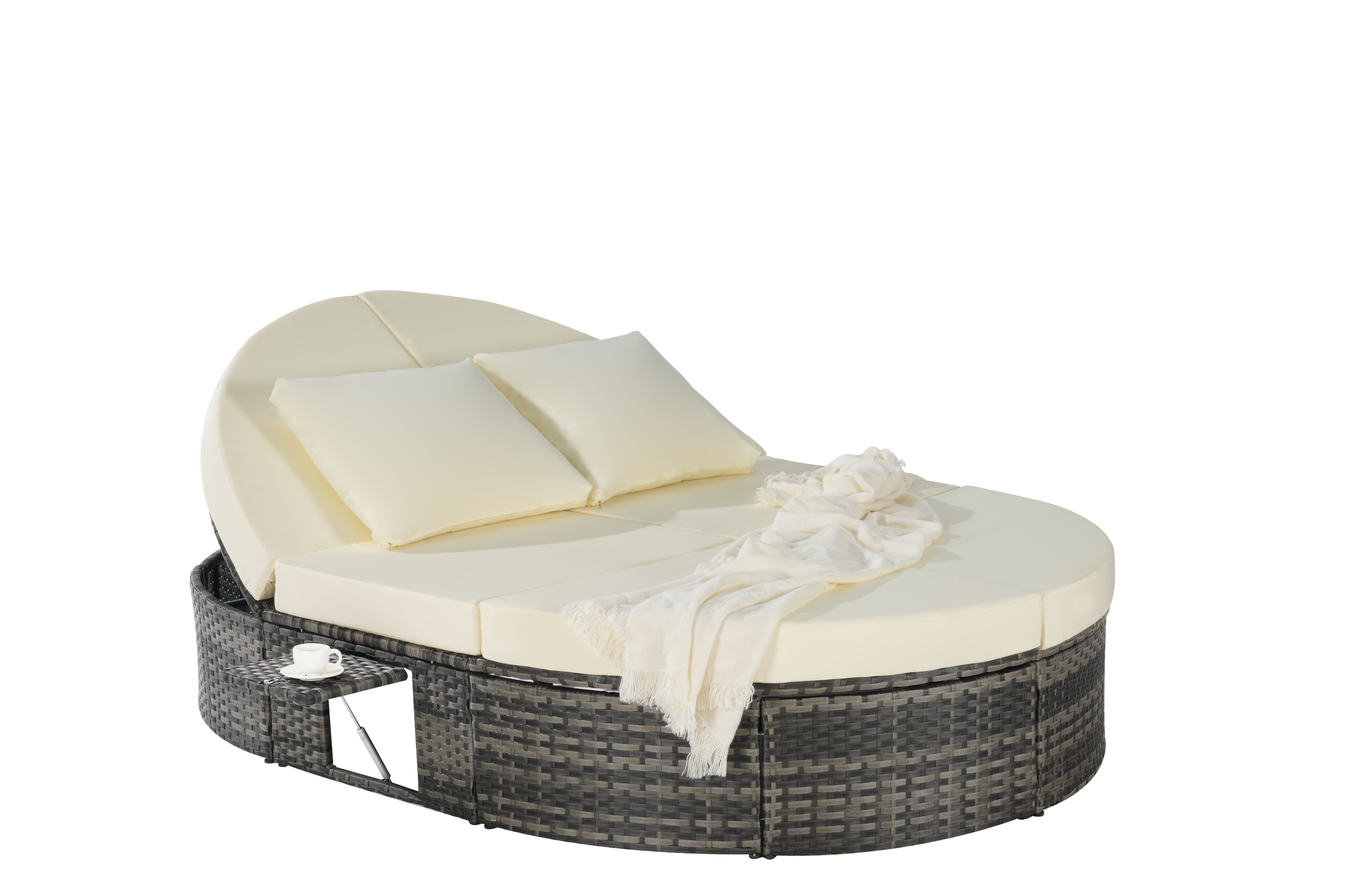 Round outdoor patio daybed with adjustable backrests foldable cup trays and cushioned wicker design ideal for backyard and poolside lounging