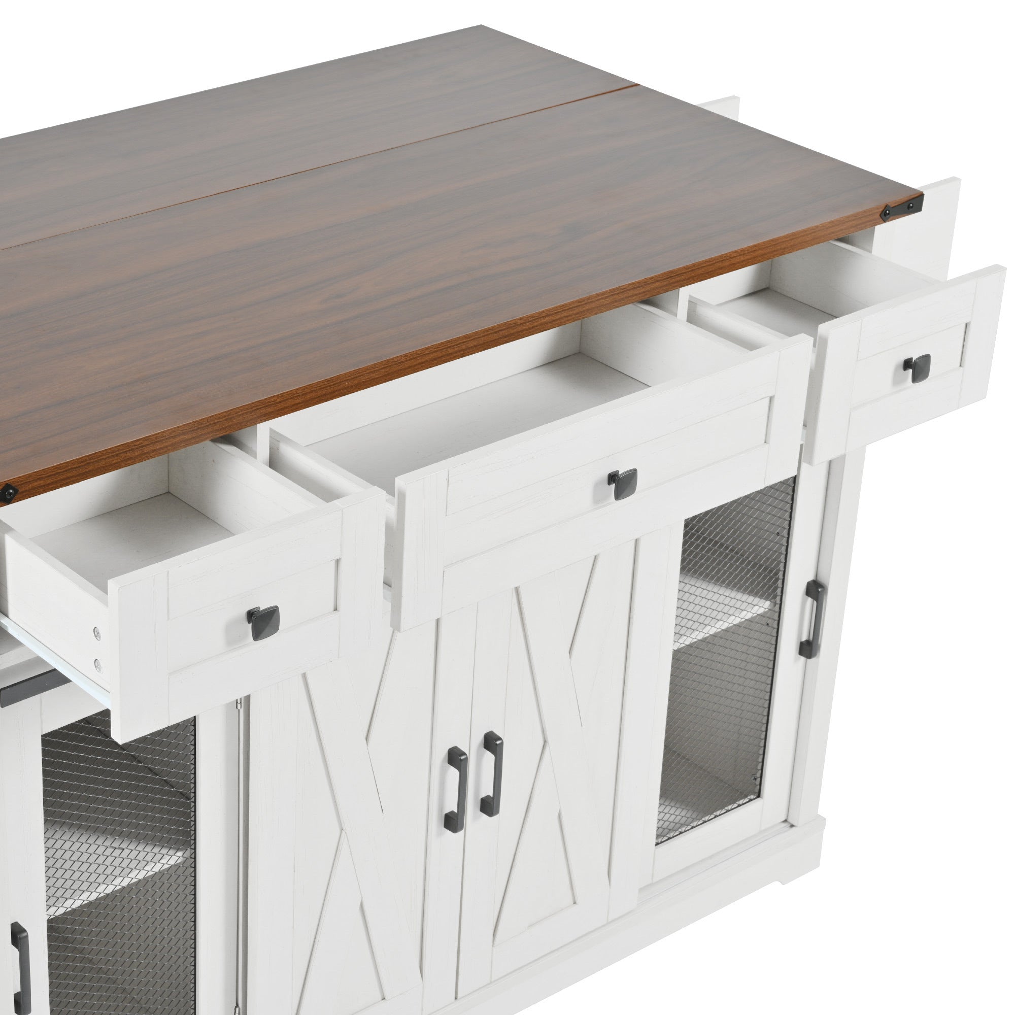 58“ Farmhouse Kitchen Island with Storage Sliding Barn Door Metal Grid Side Door