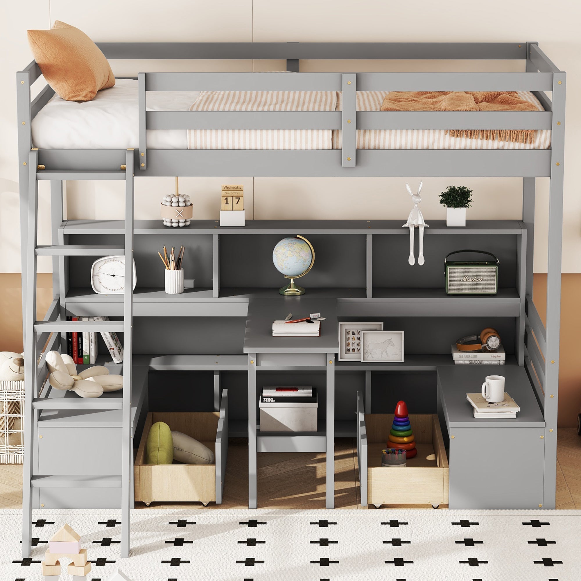Twin Loft Bed with Storage Shelves