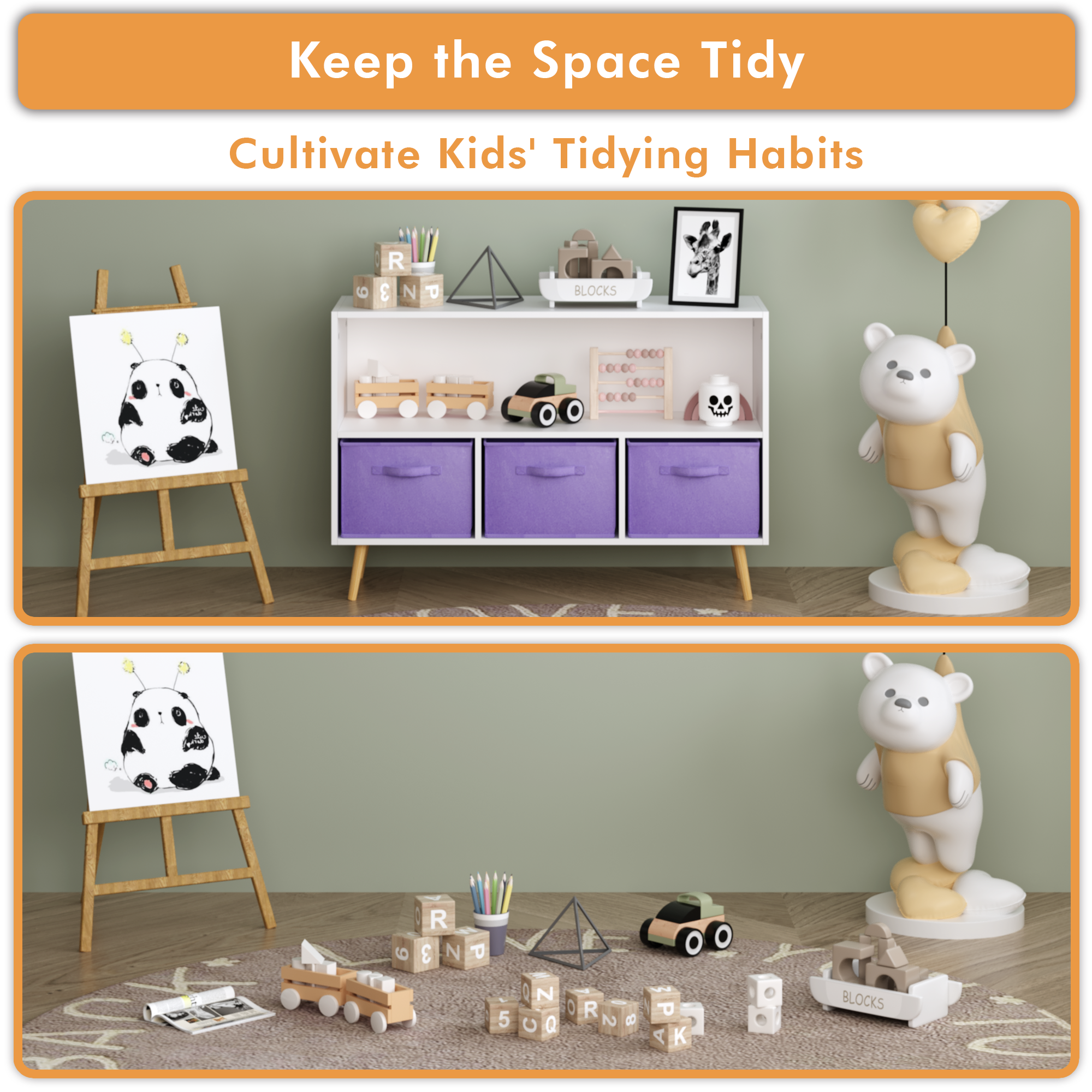 Children's Book Display Kids Bookcase with 3 Fabric Bins