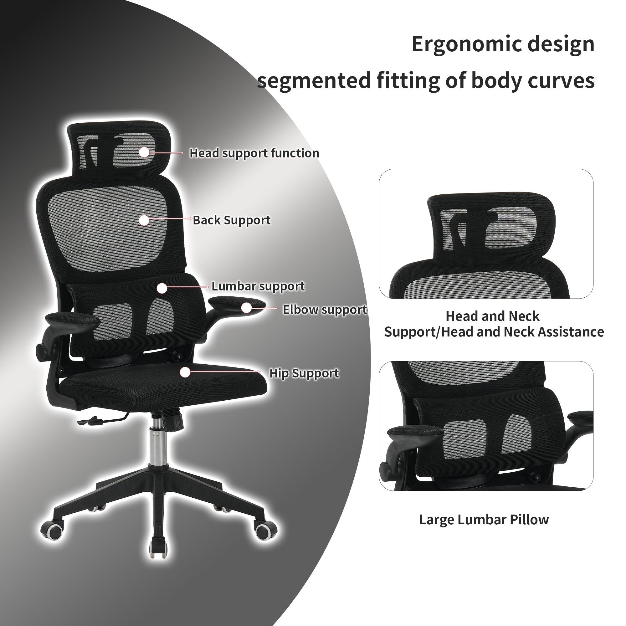 High Back Ergonomic Mesh Office Chair Black Big Tall Tilt 3D Headrest Lumbar Support Swivel Rolling Chair