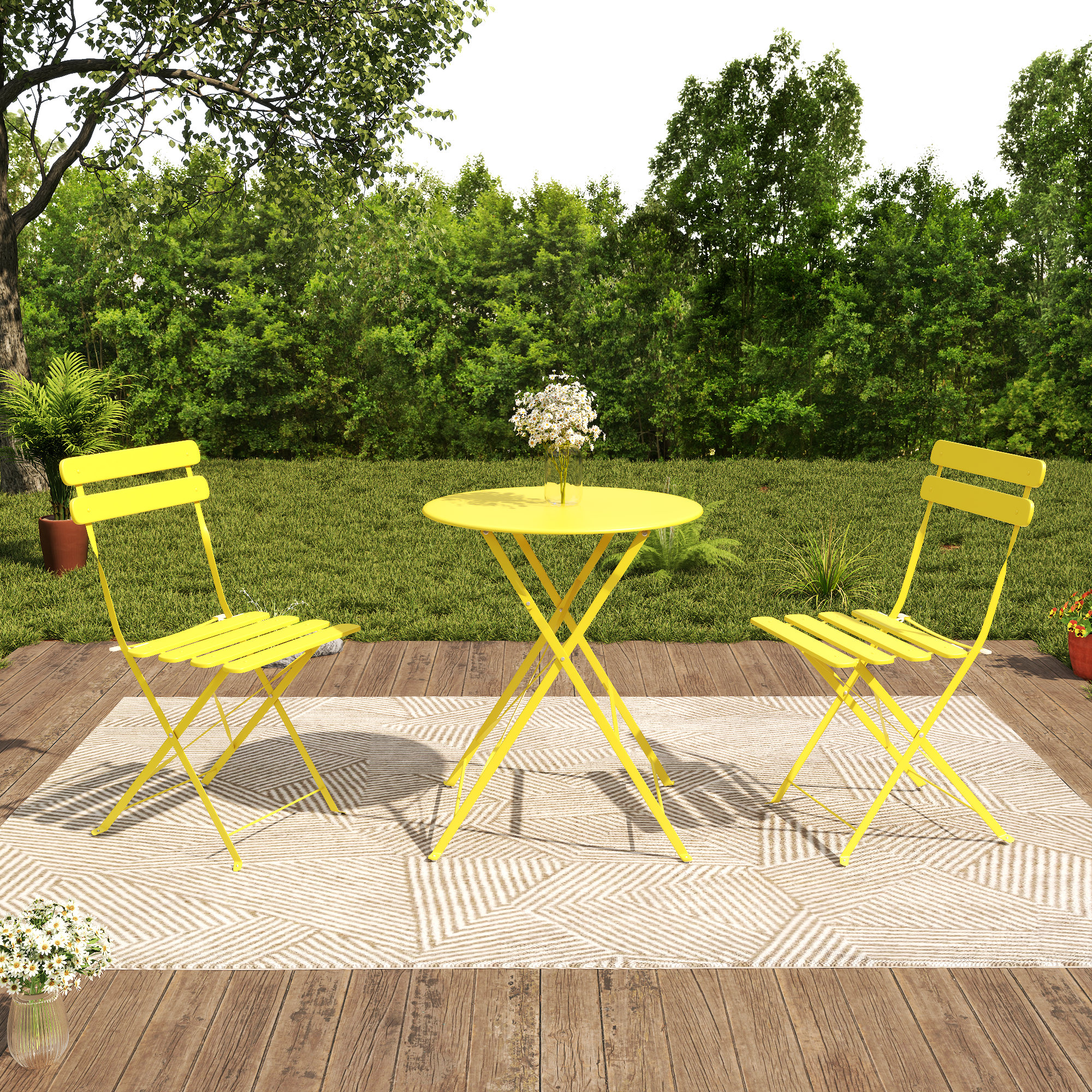Yellow Bistro Table and 2 Chairs Foldable Outdoor Indoor Patio Coffee Set