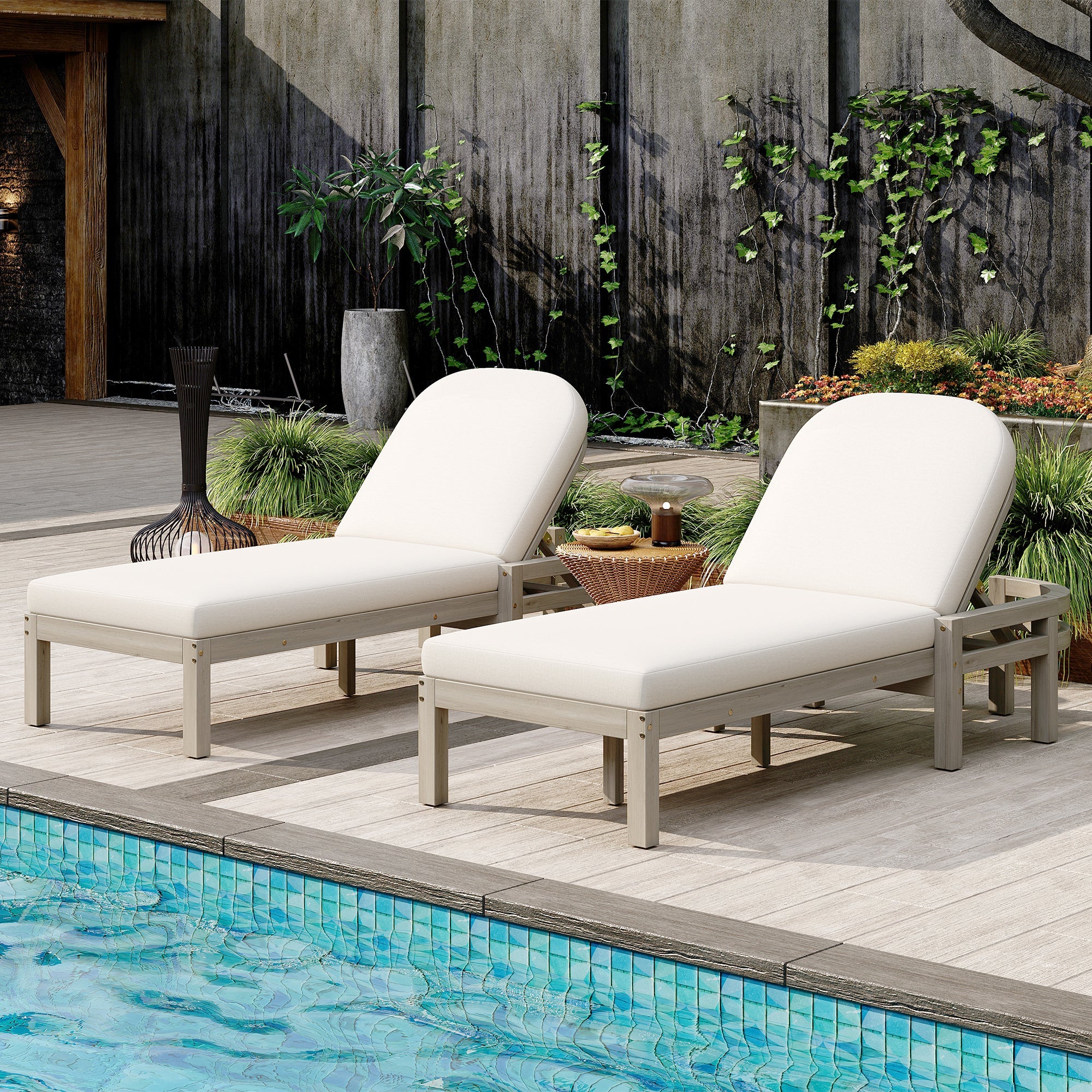 Acacia Wood Chaise Lounge Chairs 5-Position Adjustable Backrest for Patio Poolside