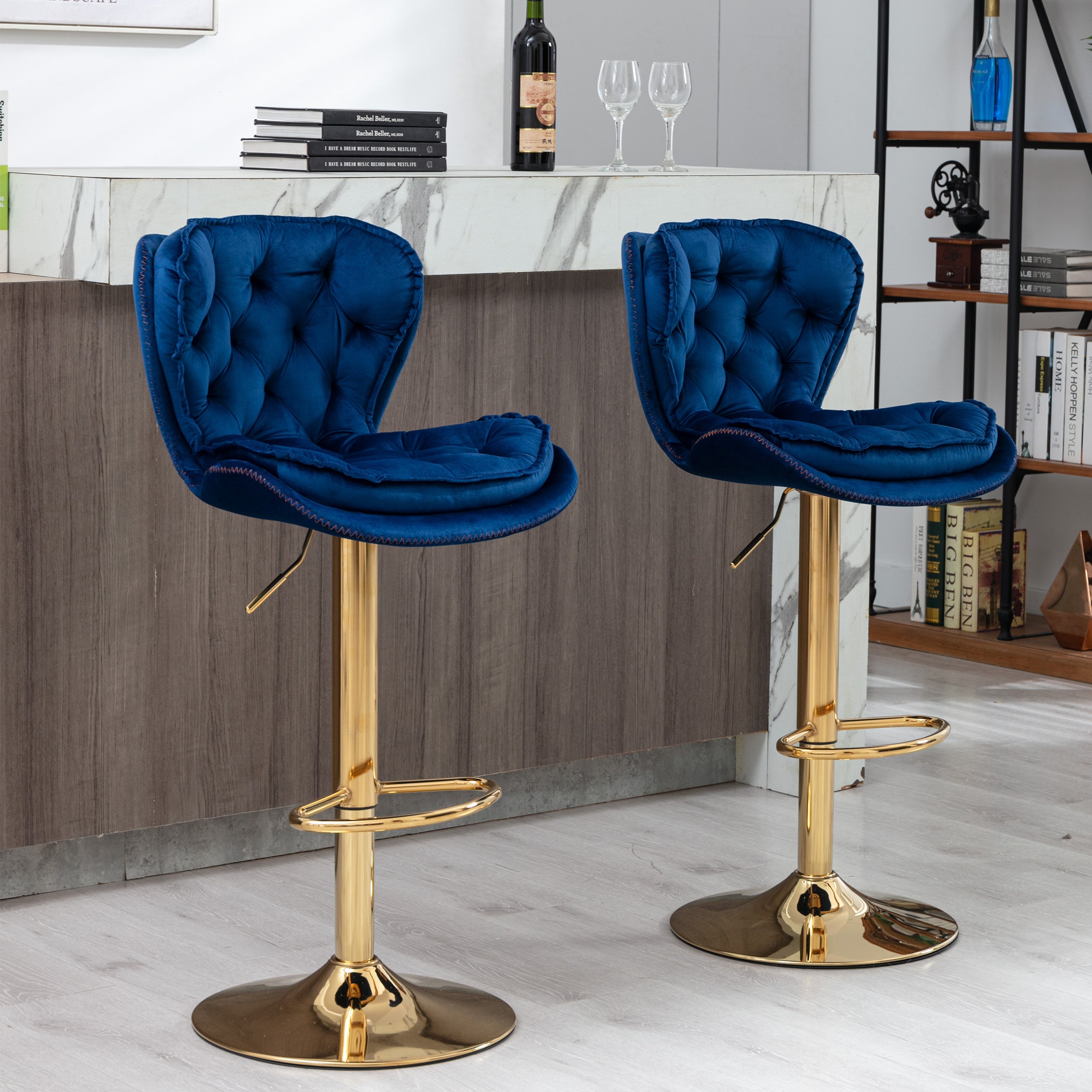 Velvet Bar Stools Set of 2 - Gold Base Adjustable Swivel Counter