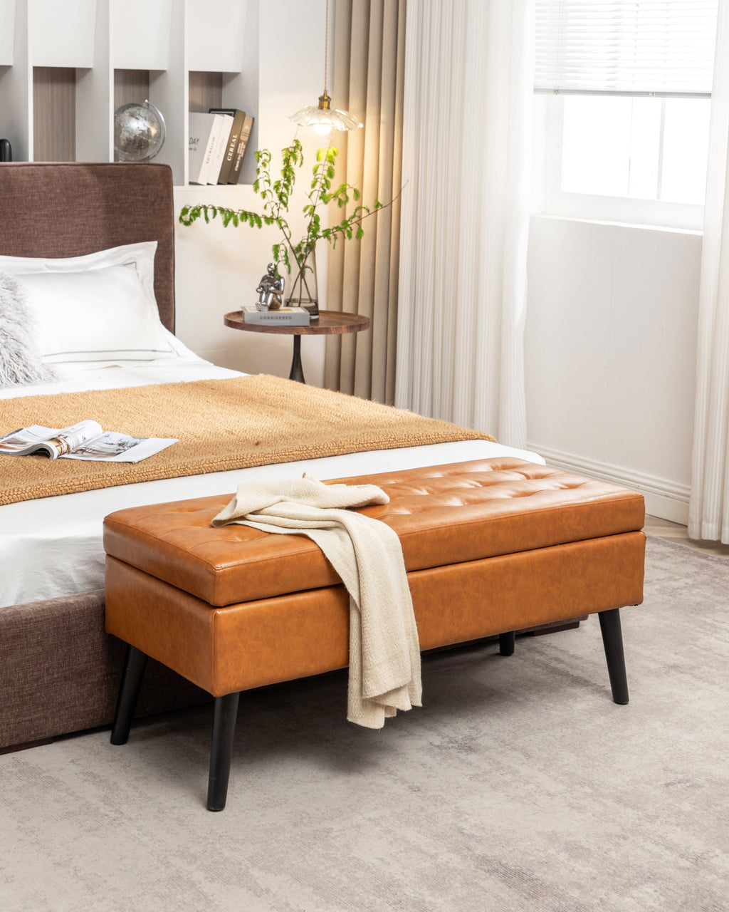 Brown PU Leather Storage Bench