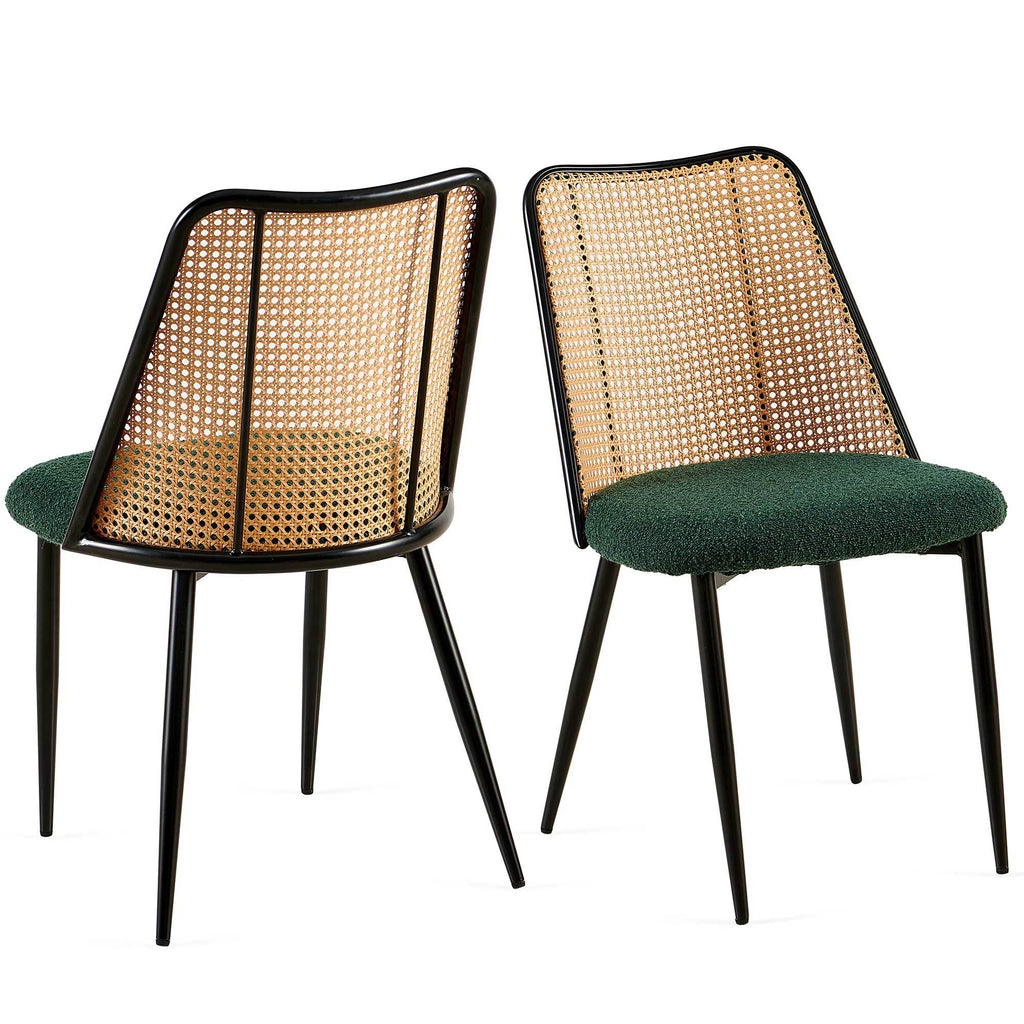 Green Rattan Boucle Dining Chairs with Natural Cane Back (Set of 2)
