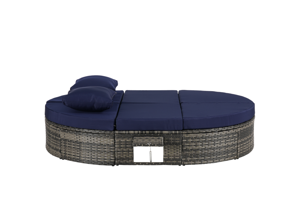 Round outdoor patio daybed with adjustable backrests foldable cup trays and cushioned wicker design ideal for backyard and poolside lounging
