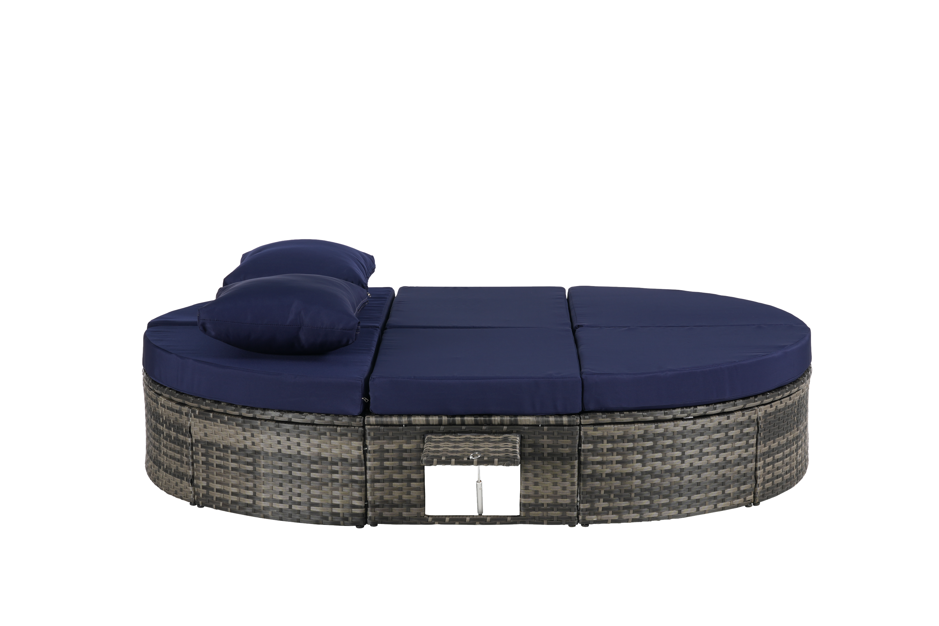 Round outdoor patio daybed with adjustable backrests foldable cup trays and cushioned wicker design ideal for backyard and poolside lounging