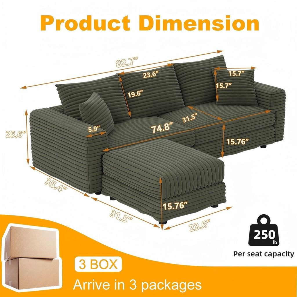 82.7' Modern Comfy Cloud Couch Sofa with Soft Pillows + Ottomans Option