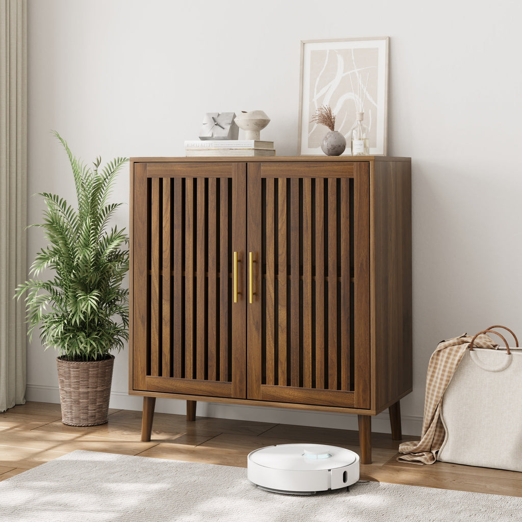 Farmhouse Walnut Sideboard Buffet Cabinet With Louvered Doors