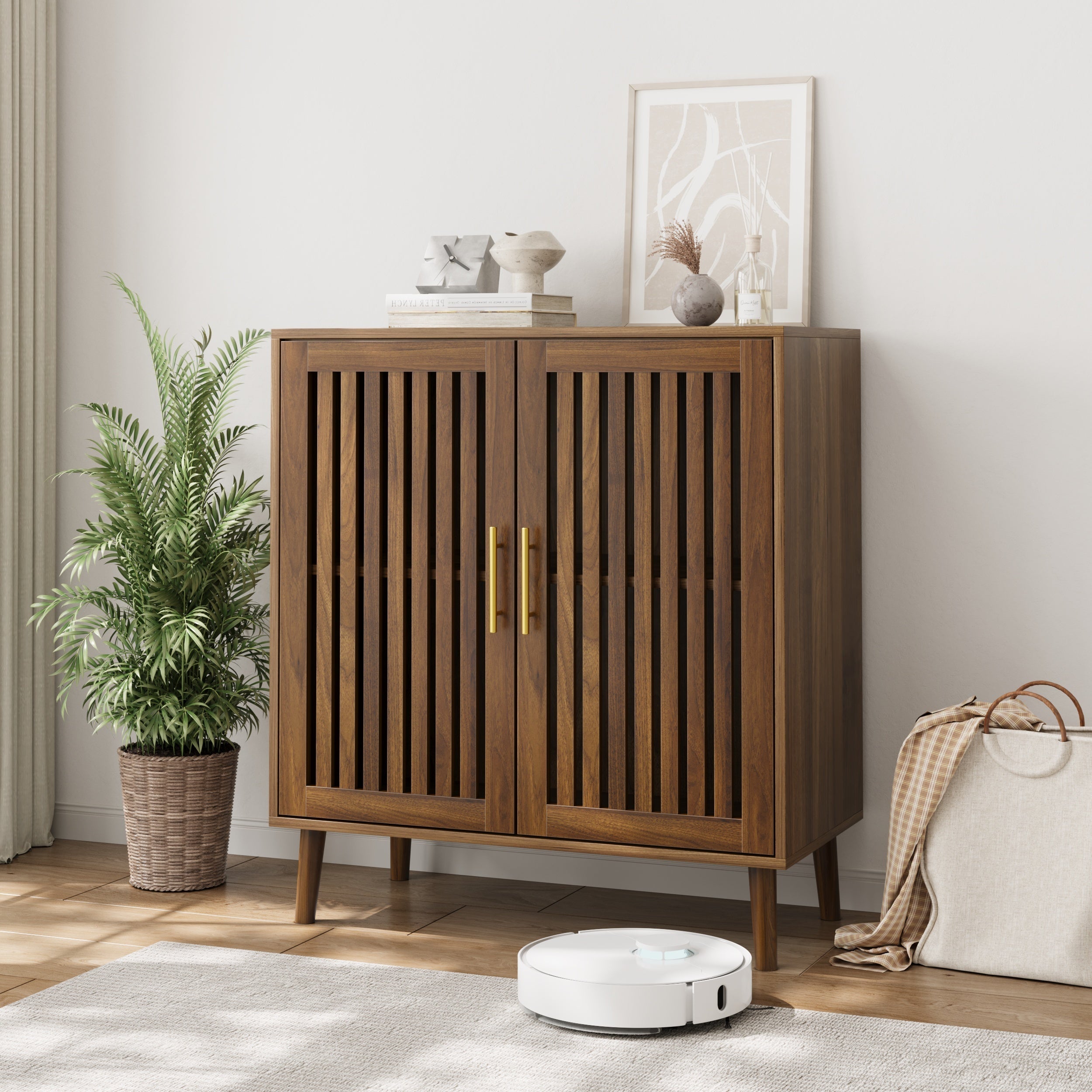 Farmhouse Walnut Sideboard Buffet Cabinet With Louvered Doors