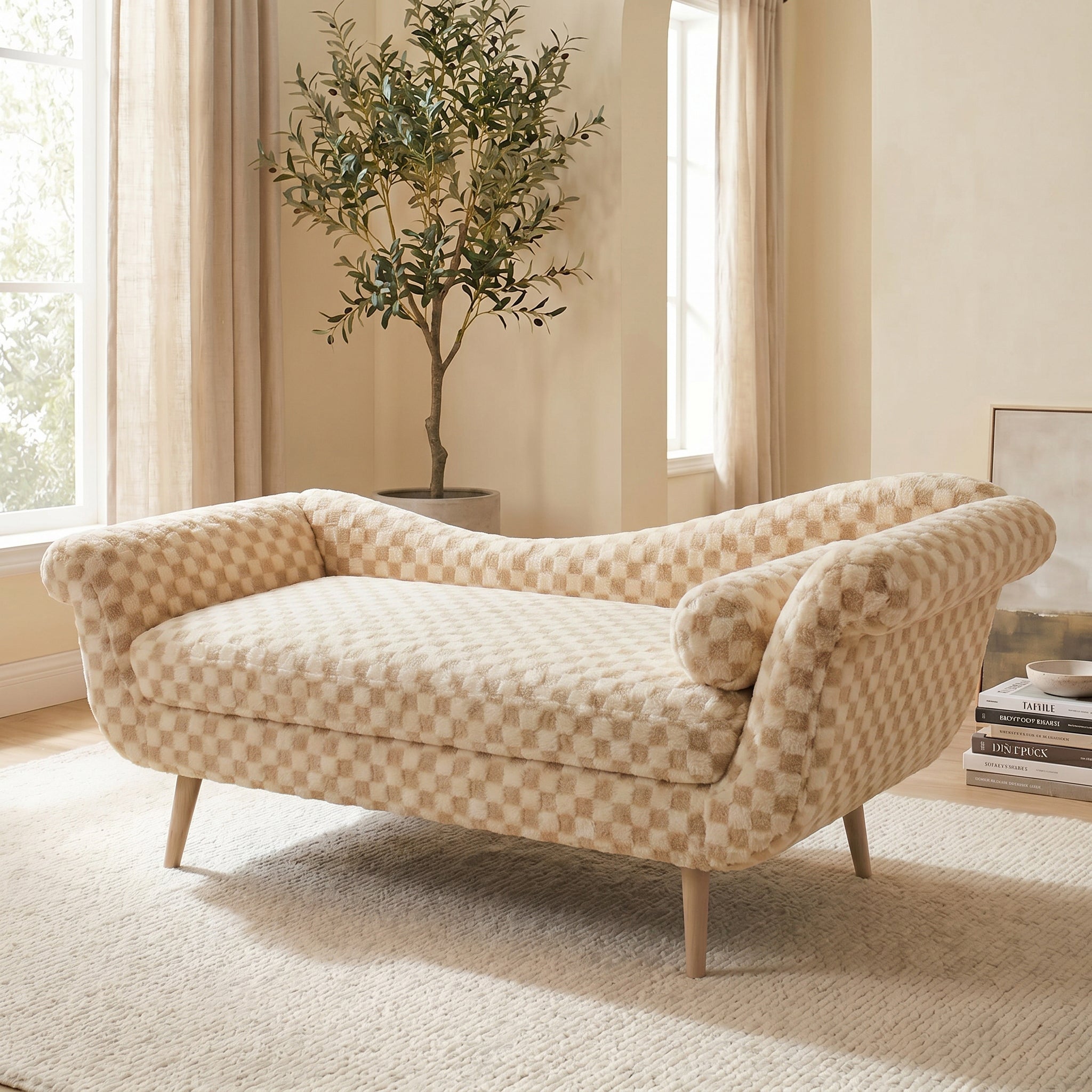 Classic Diamond Pattern Fabric Paired with Elegant Scroll Arms