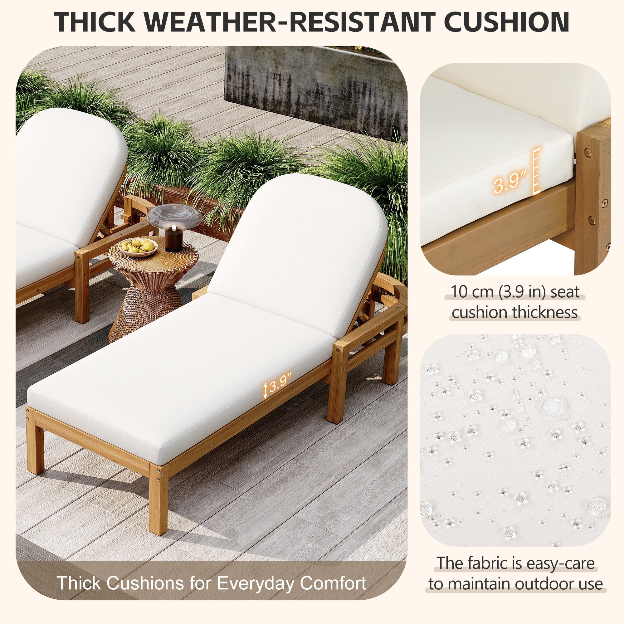Acacia Wood Chaise Lounge Chairs 5-Position Adjustable Backrest for Patio Poolside