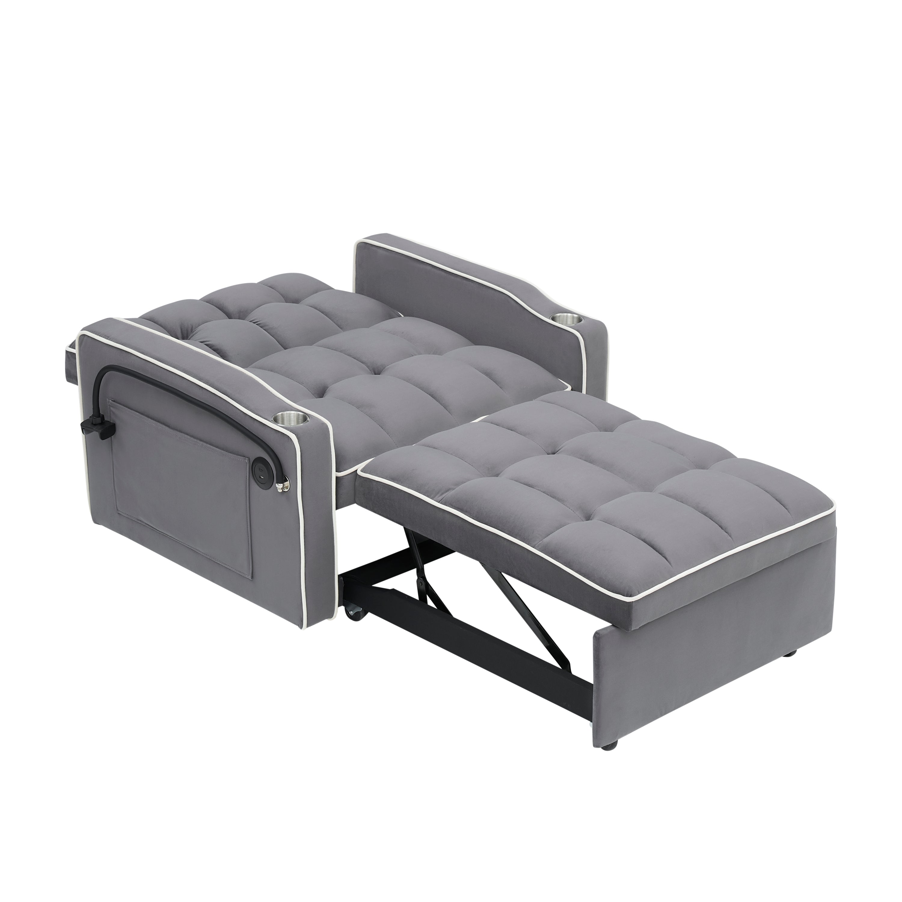 Velvet Foldable Sofa Bed Adjustable Back with USB, Ashtray & Phone Stand