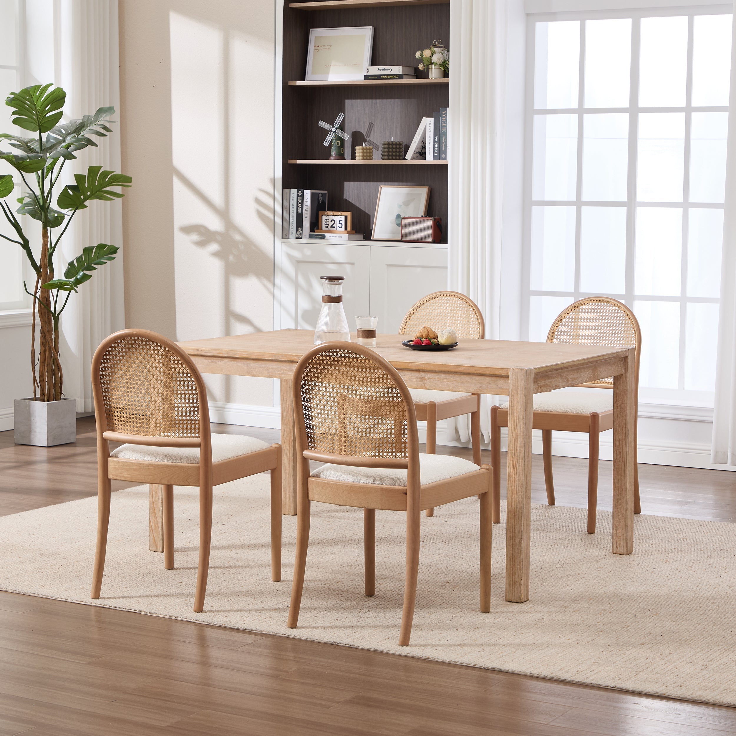 Set of 2 Rattan Dining Chairs Upholstered Linen Modern Wood-Leg Kitchen Chairs