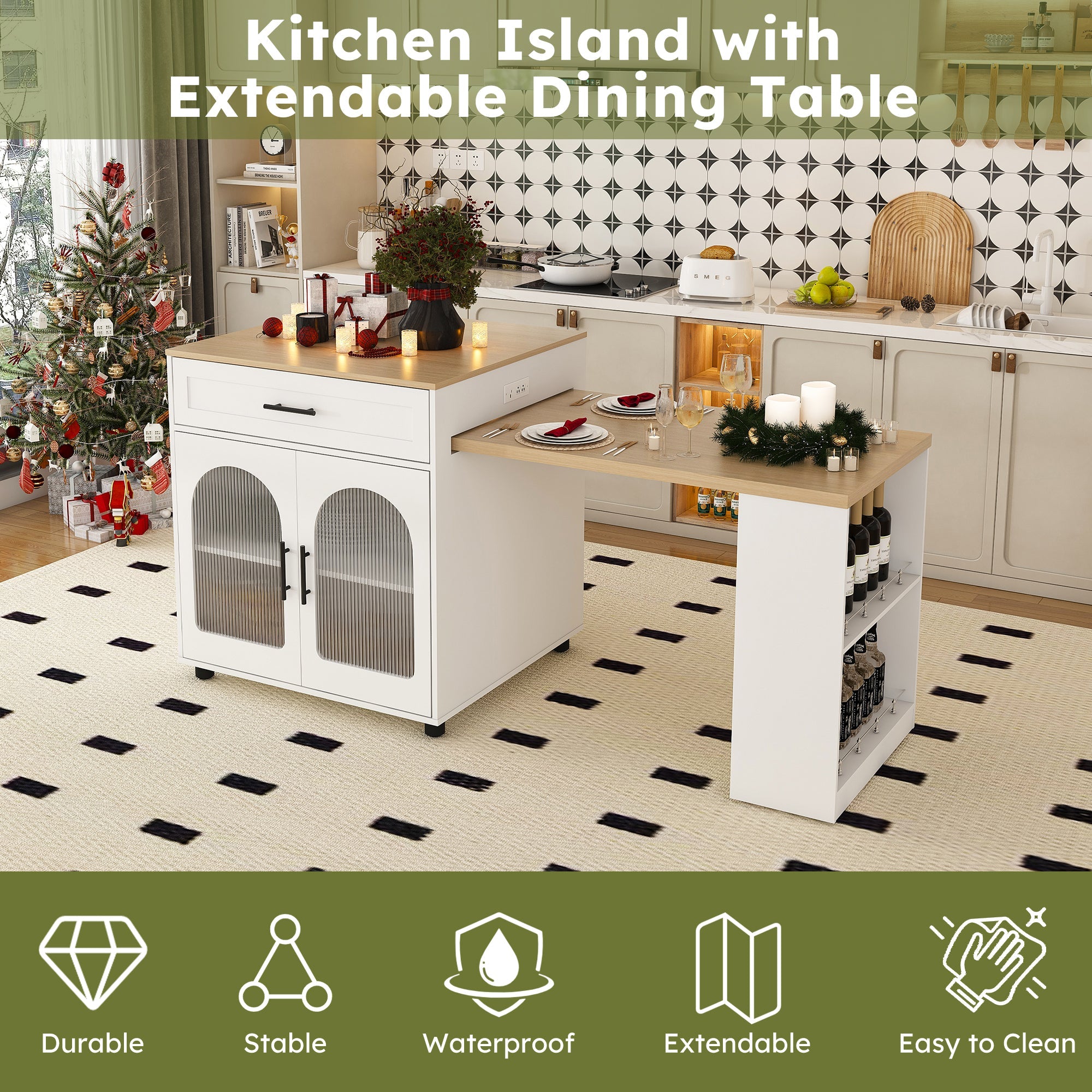 Expandable Kitchen Island with Dining Table