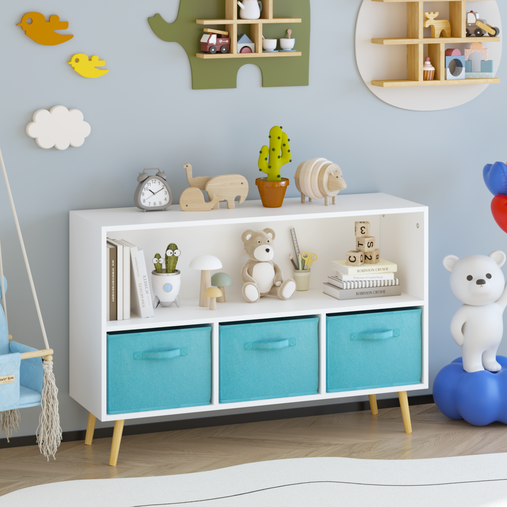 Children's Book Display Kids Bookcase with 3 Fabric Bins