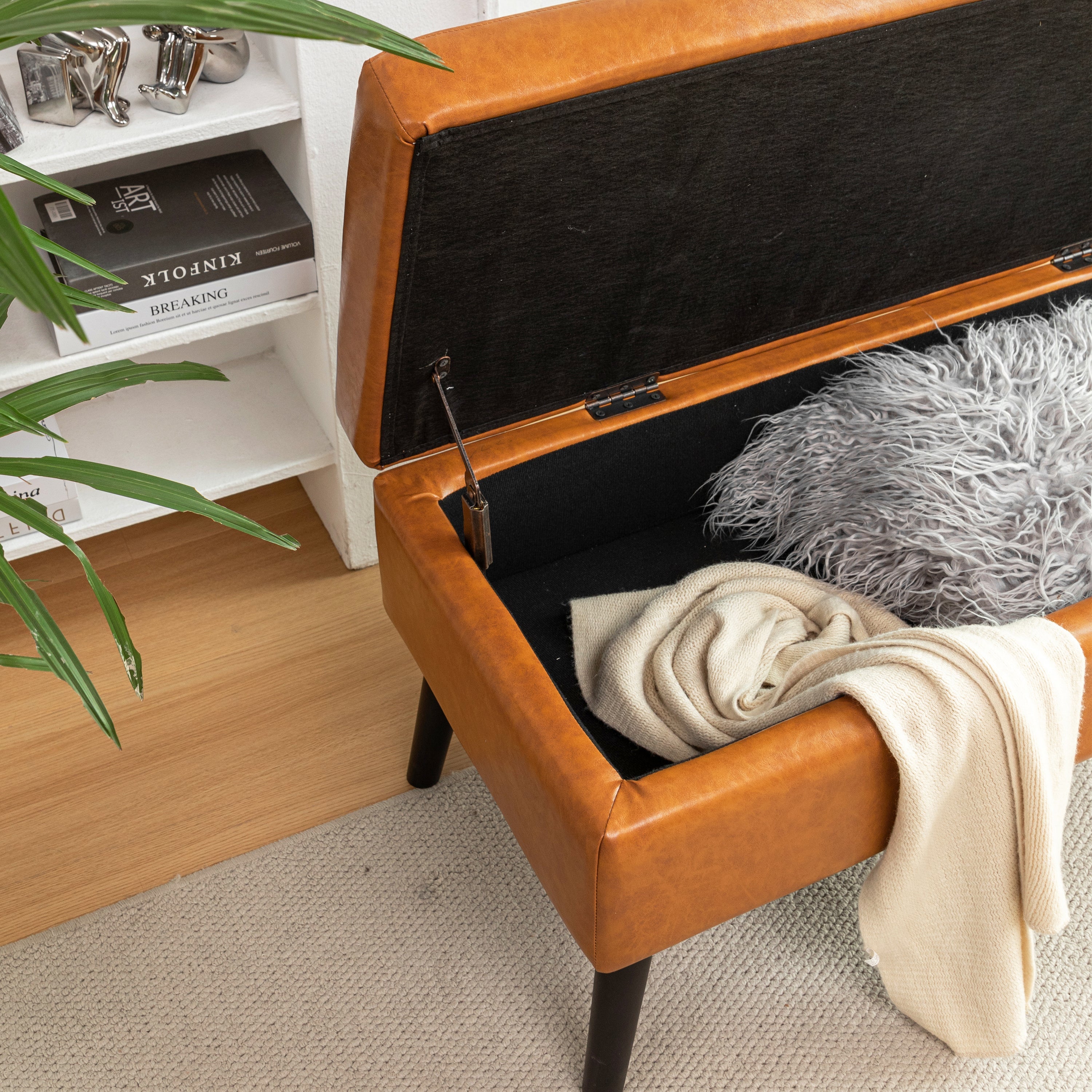 Brown PU Leather Storage Bench