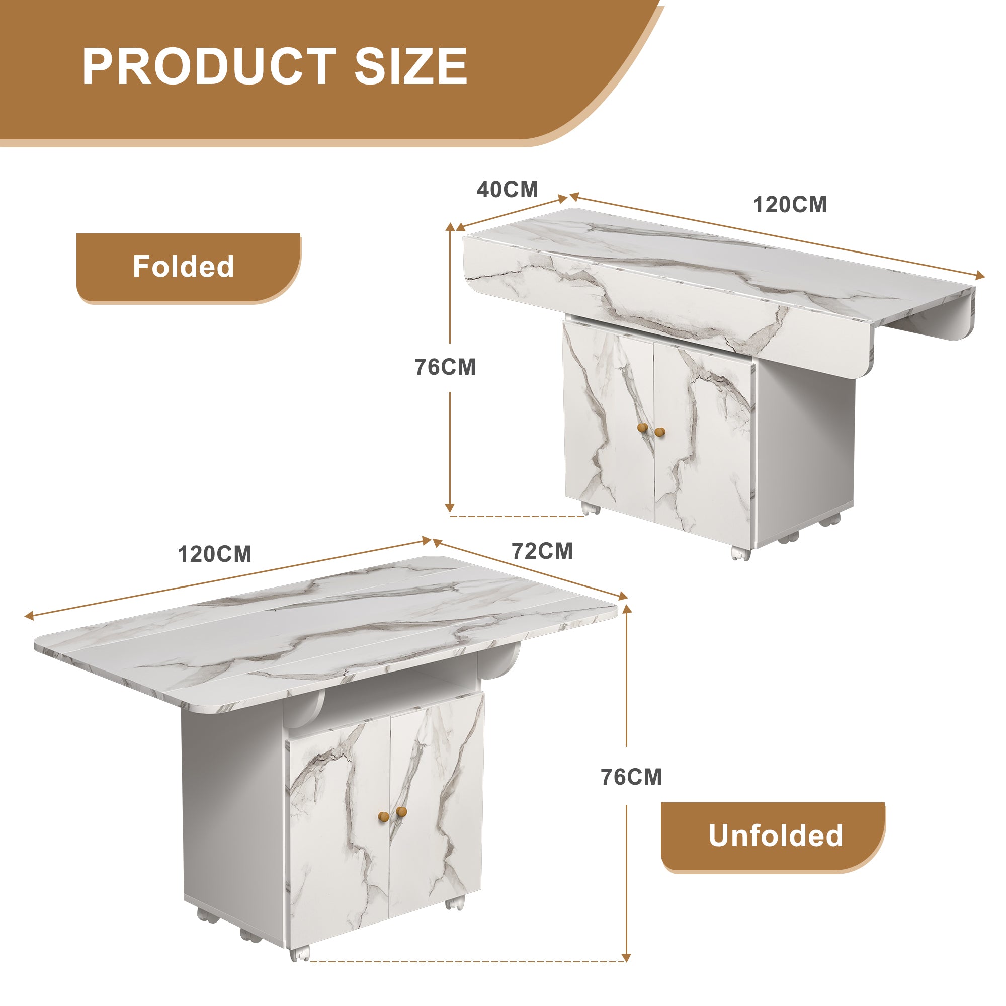Versatile 47' White Marble MDF Folding Dining Table with Storage Rack and Cabinet
