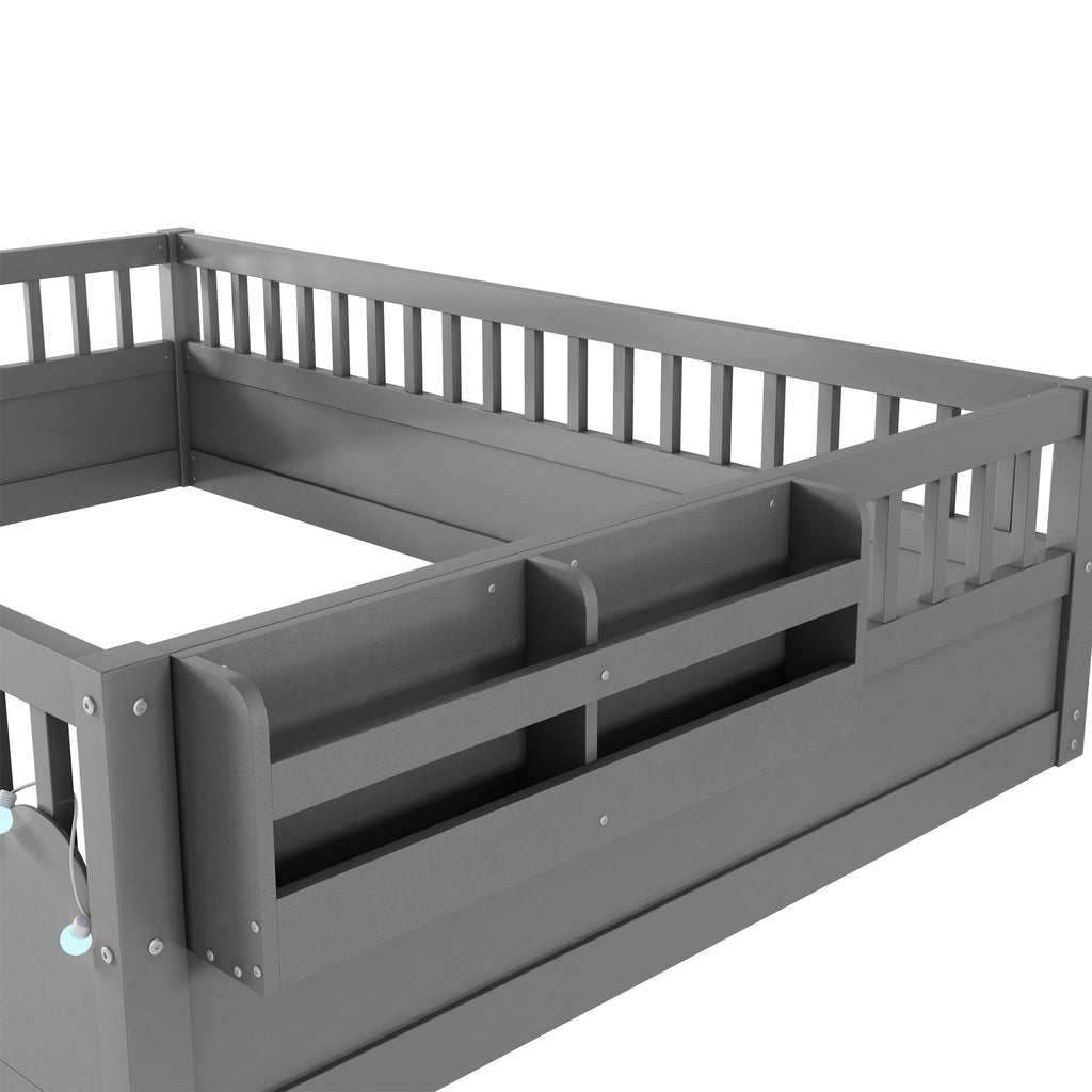 Twin/Full Montessori Floor Kids Bed Frame with High Rails