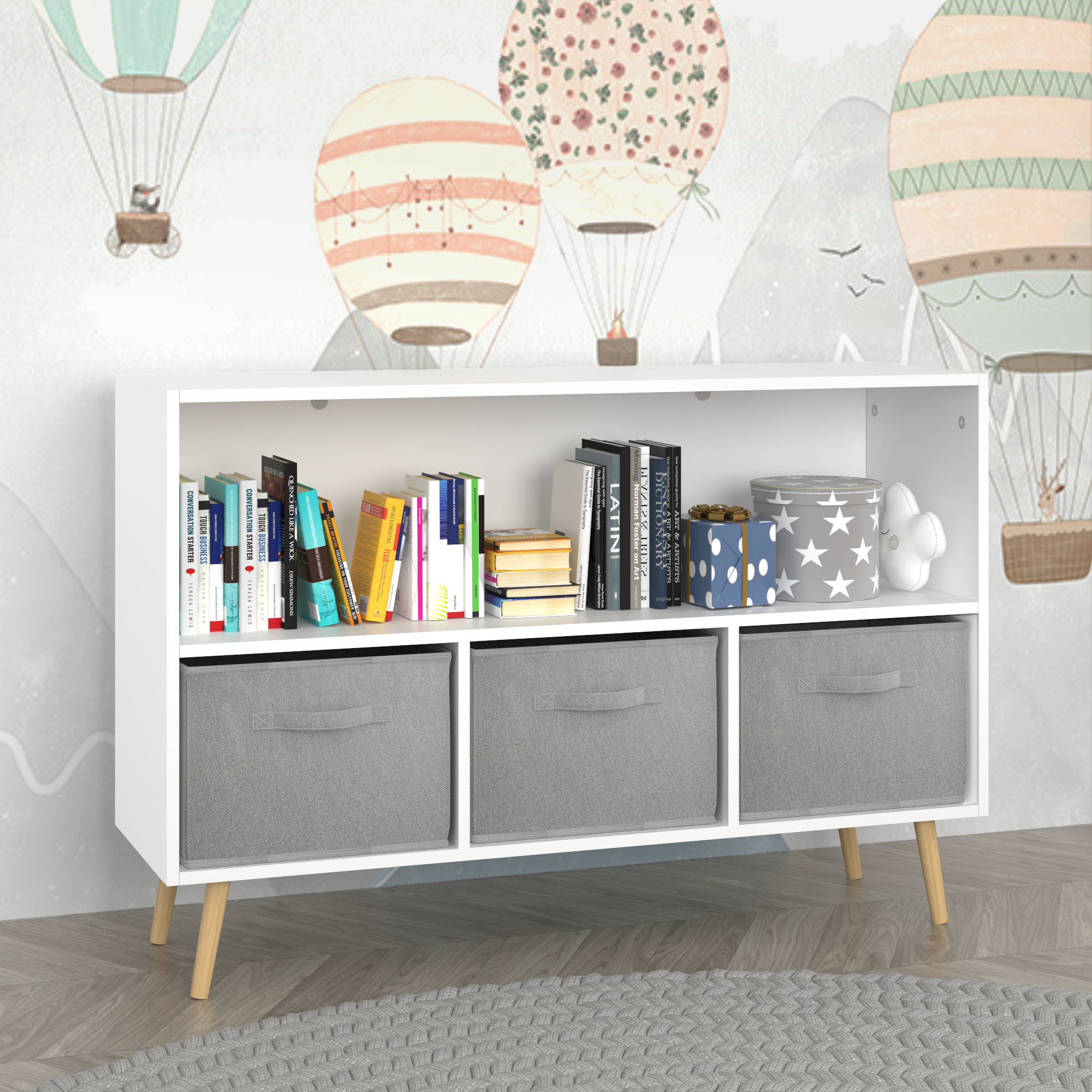 Children's Book Display Kids Bookcase with 3 Fabric Bins