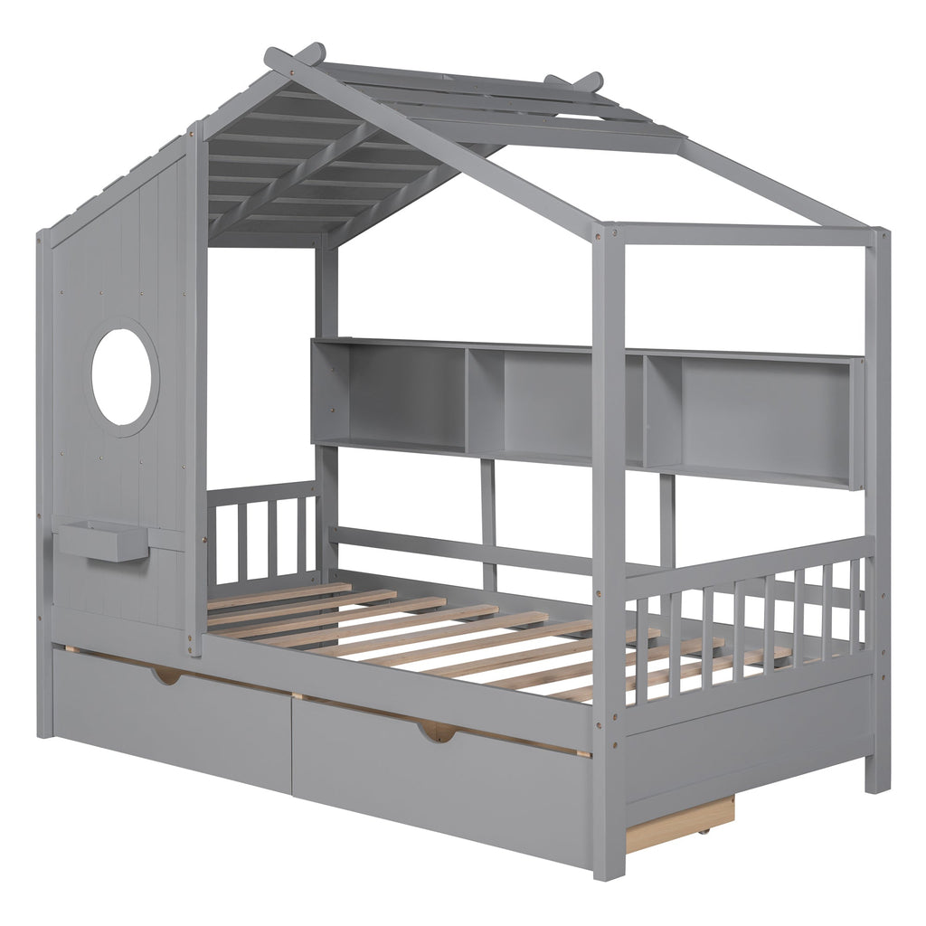 Wooden Twin Size House Bed with 2 Drawers