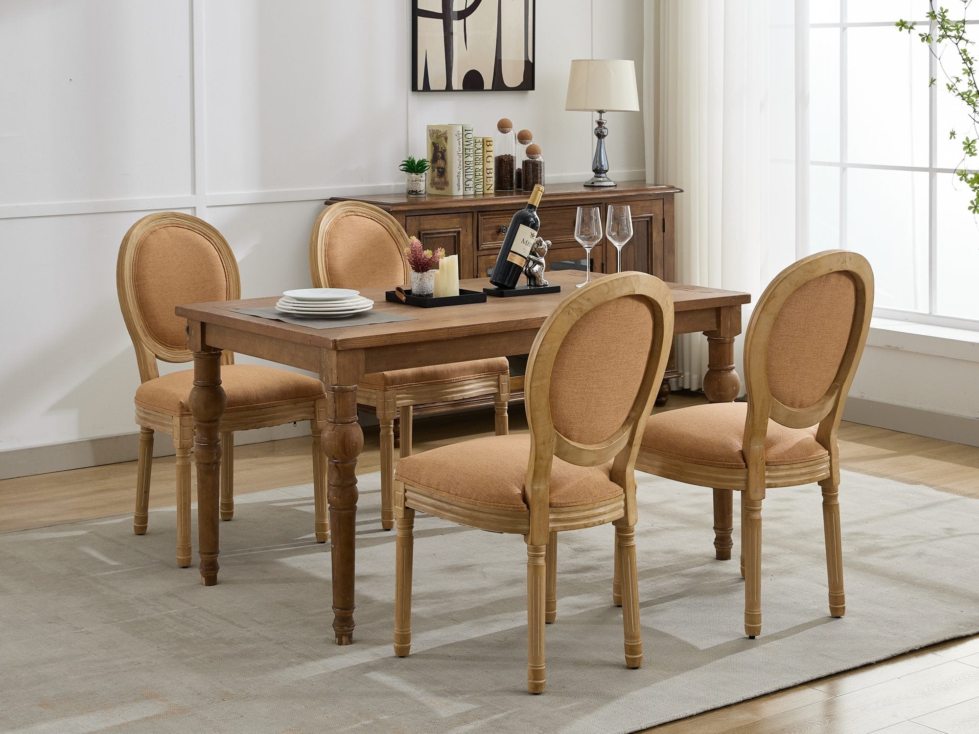 French Style Solid Wood Frame Linen Fabric Back Dining Chair (Set of 2)