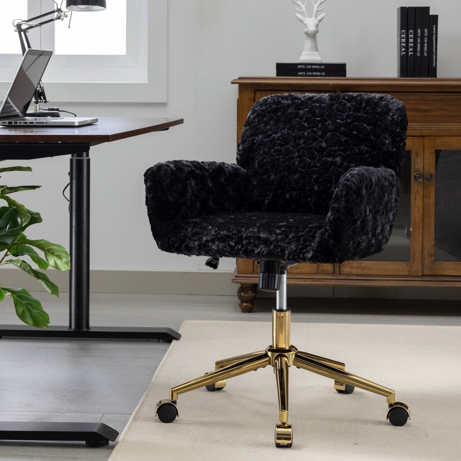 Artificial Rabbit Hair Home Office Chair with Golden Metal Base