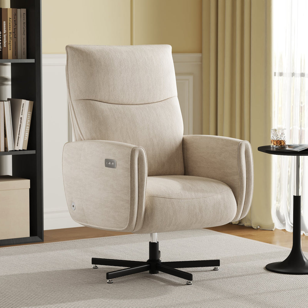 Beige  Velvet Power Swivel Office Recliner with USB & Type-C Charging