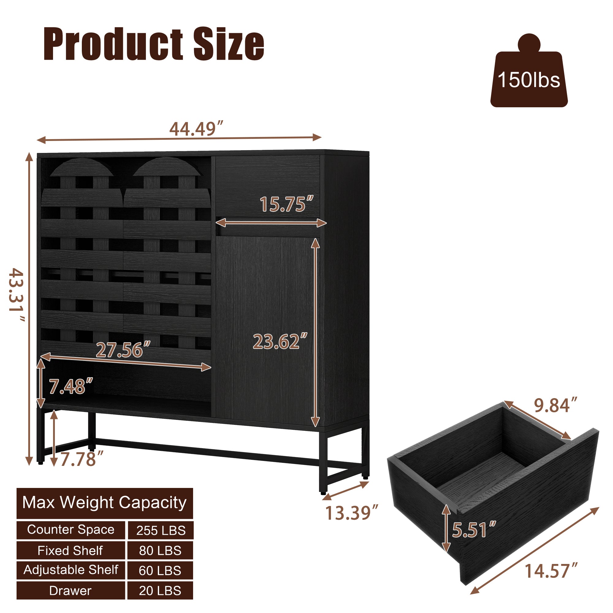 44.49' Black Woven Door Accent Cabinets