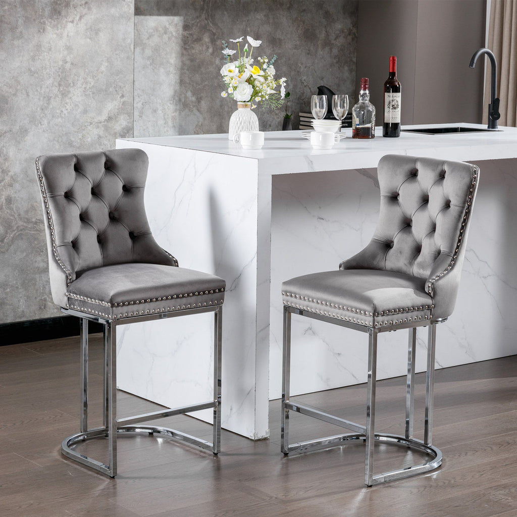Luxury Elegant Nailhead Trim Tufted Velvet Bar Stools (Set of 2)