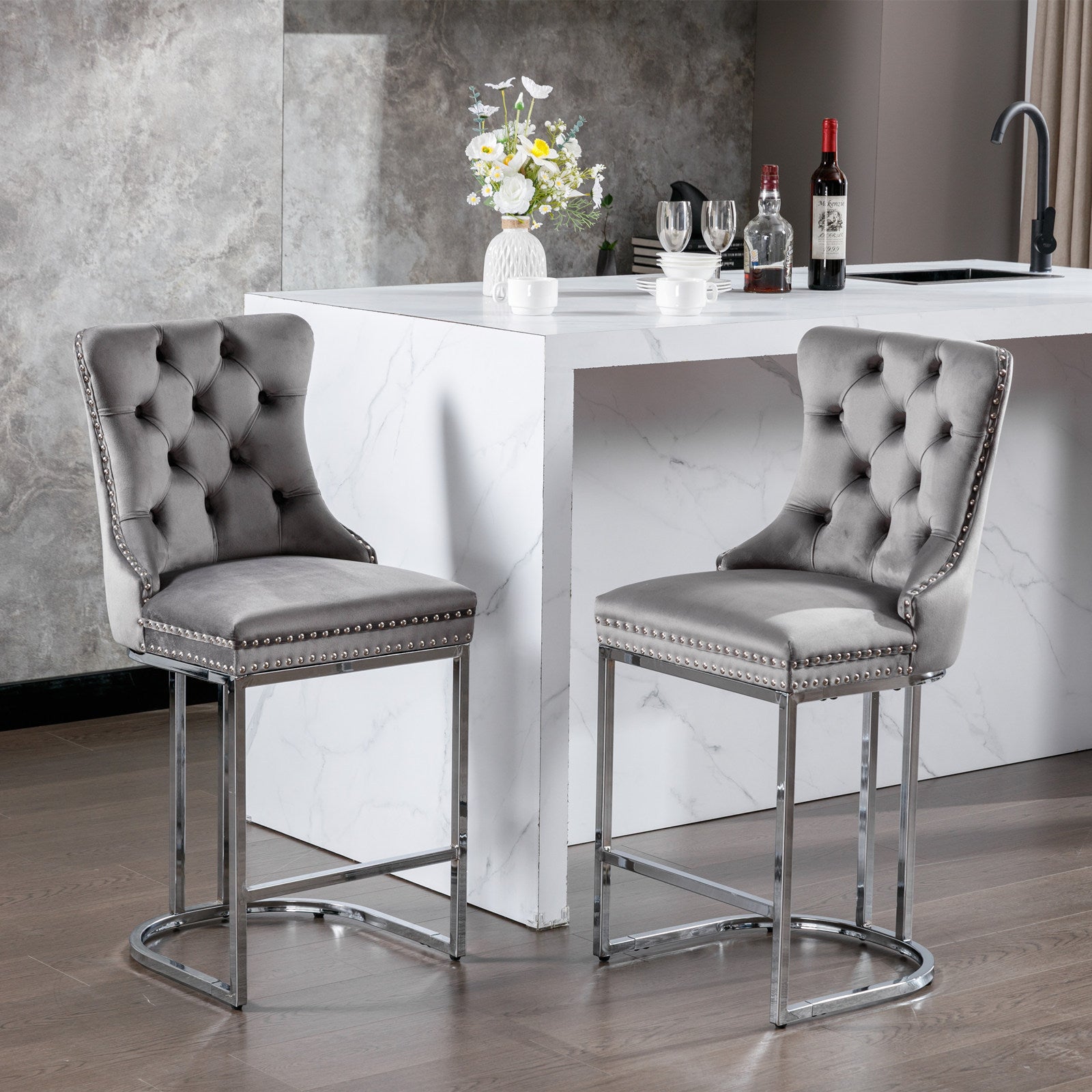 Luxury Elegant Nailhead Trim Tufted Velvet Bar Stools (Set of 2)