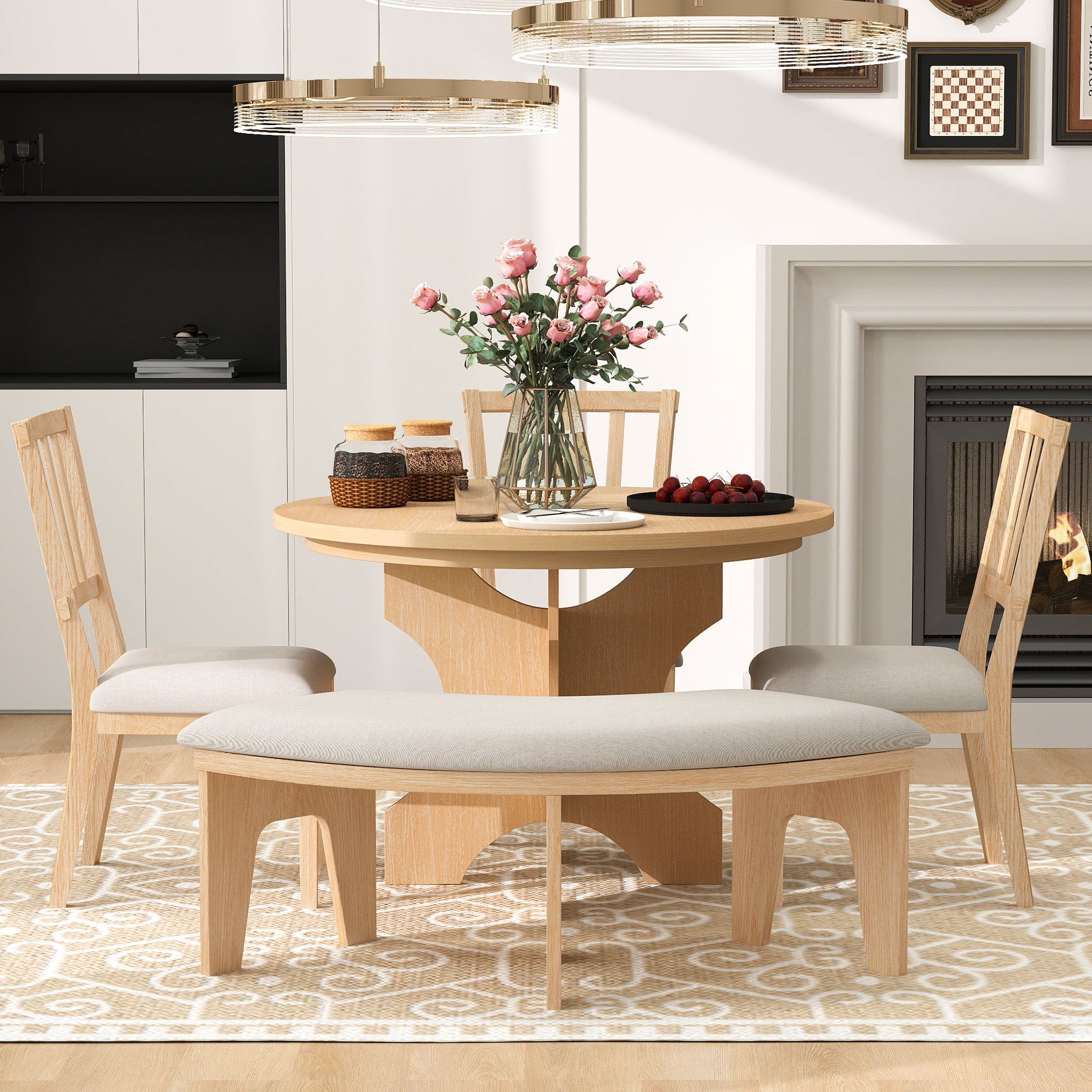 Rustic Charm Round Dining Set with 3 Upholstered Chairs