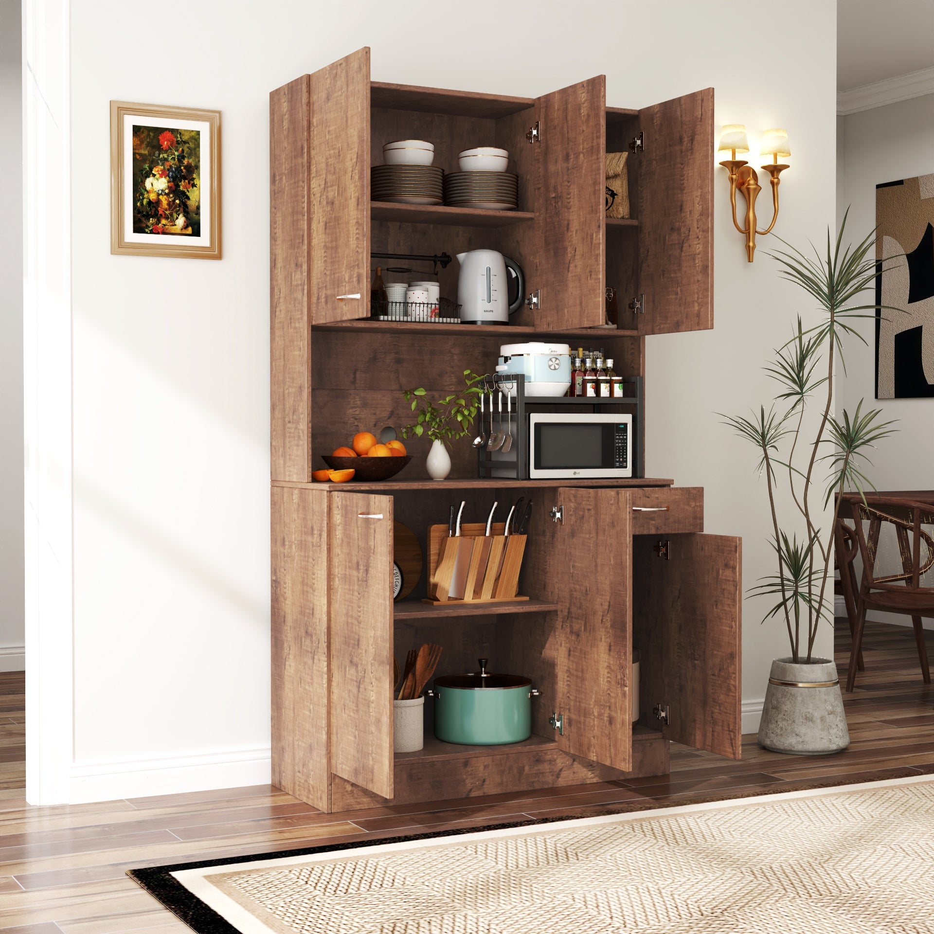 70.87' Tall White Kitchen Cabinet with 6-Doors