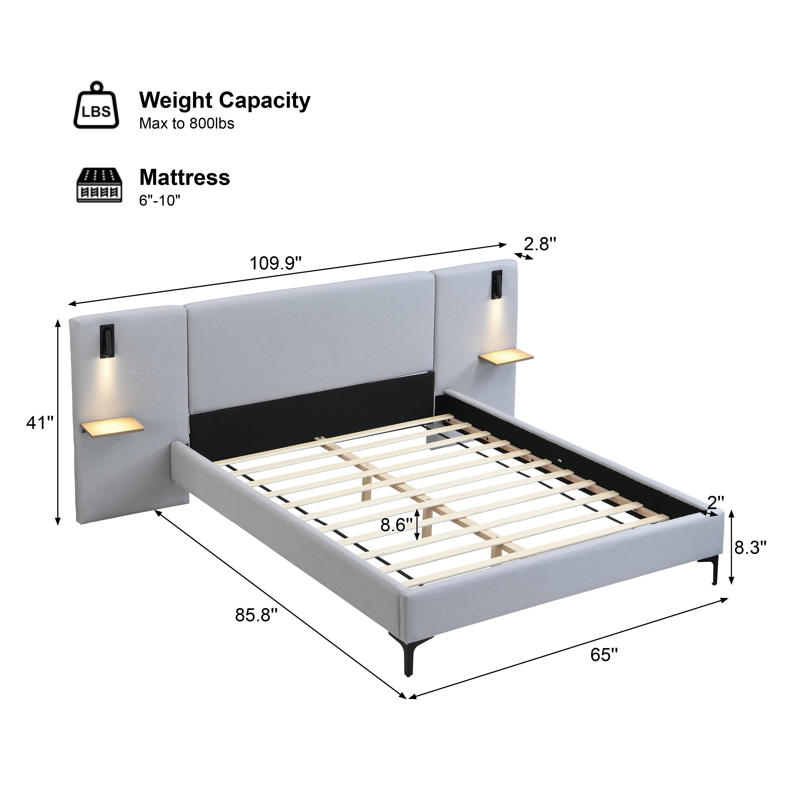 Chic Linen Upholstered Bed with Integrated Lights and Shelves