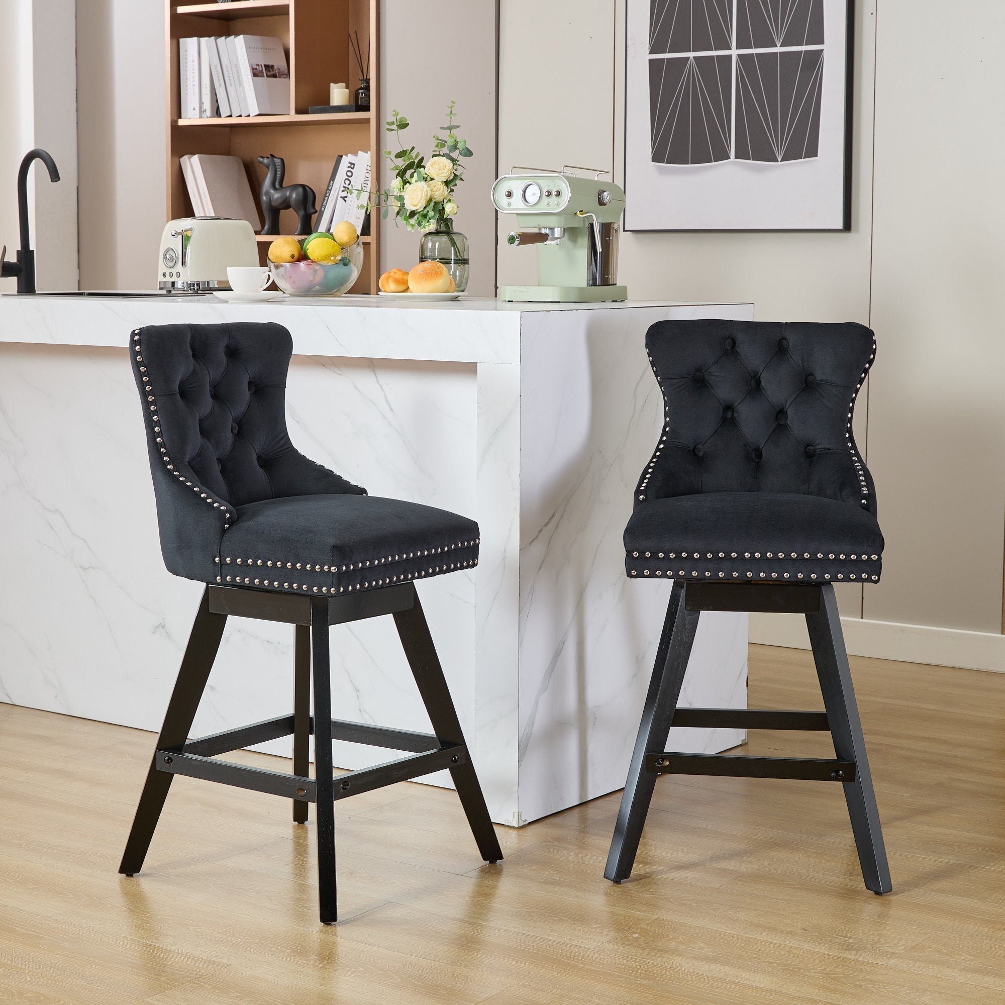 Swivel Velvet Barstools with Button Tufted Decoration (Set of 2)