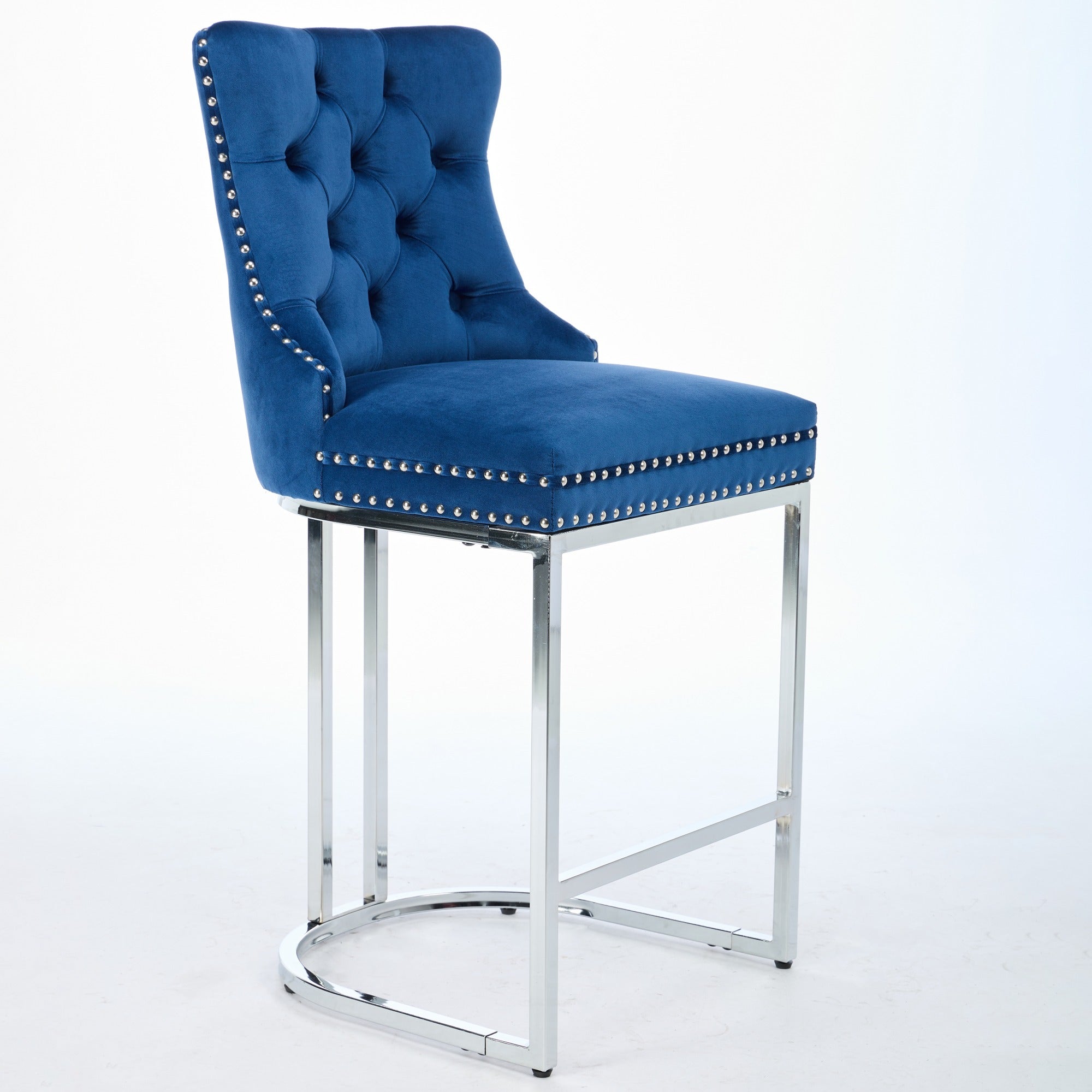 Luxury Elegant Nailhead Trim Tufted Velvet Bar Stools (Set of 2)
